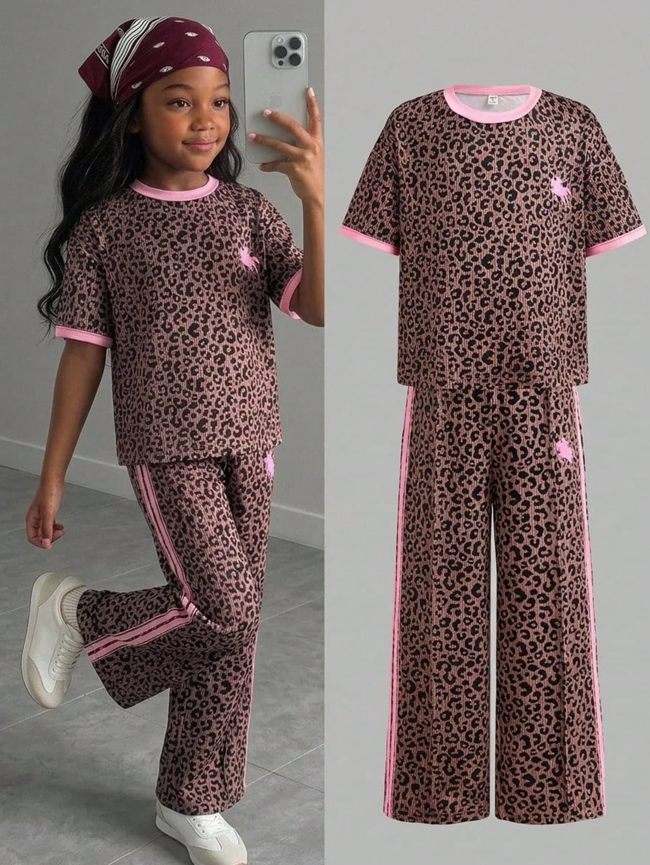 Young Girl Young Girl Casual Daily Round Neck Leopard Print T-Shirt And Long Pants Set
