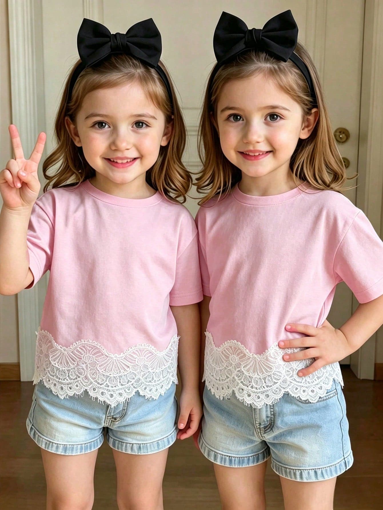 SHEIN Young Girls Beaded Bow Embroidery Round Neck Short Sleeve Casual Standard Size T-Shirt