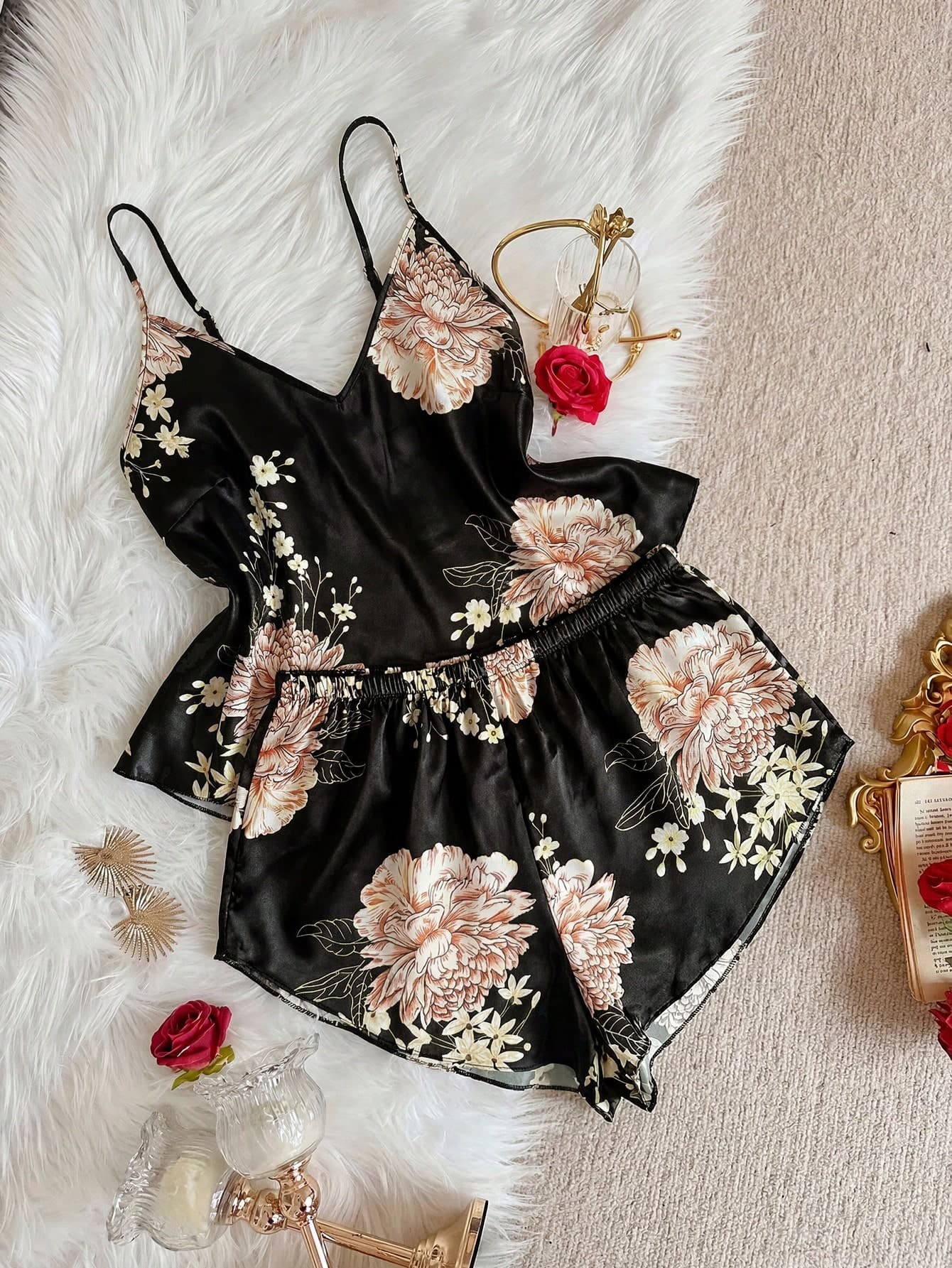 SHEIN 2-Piece Set Women's Sexy Deep V-Neck Camisole Top & Shorts, Elegant Floral Print Satin Plus Size Pajama Set