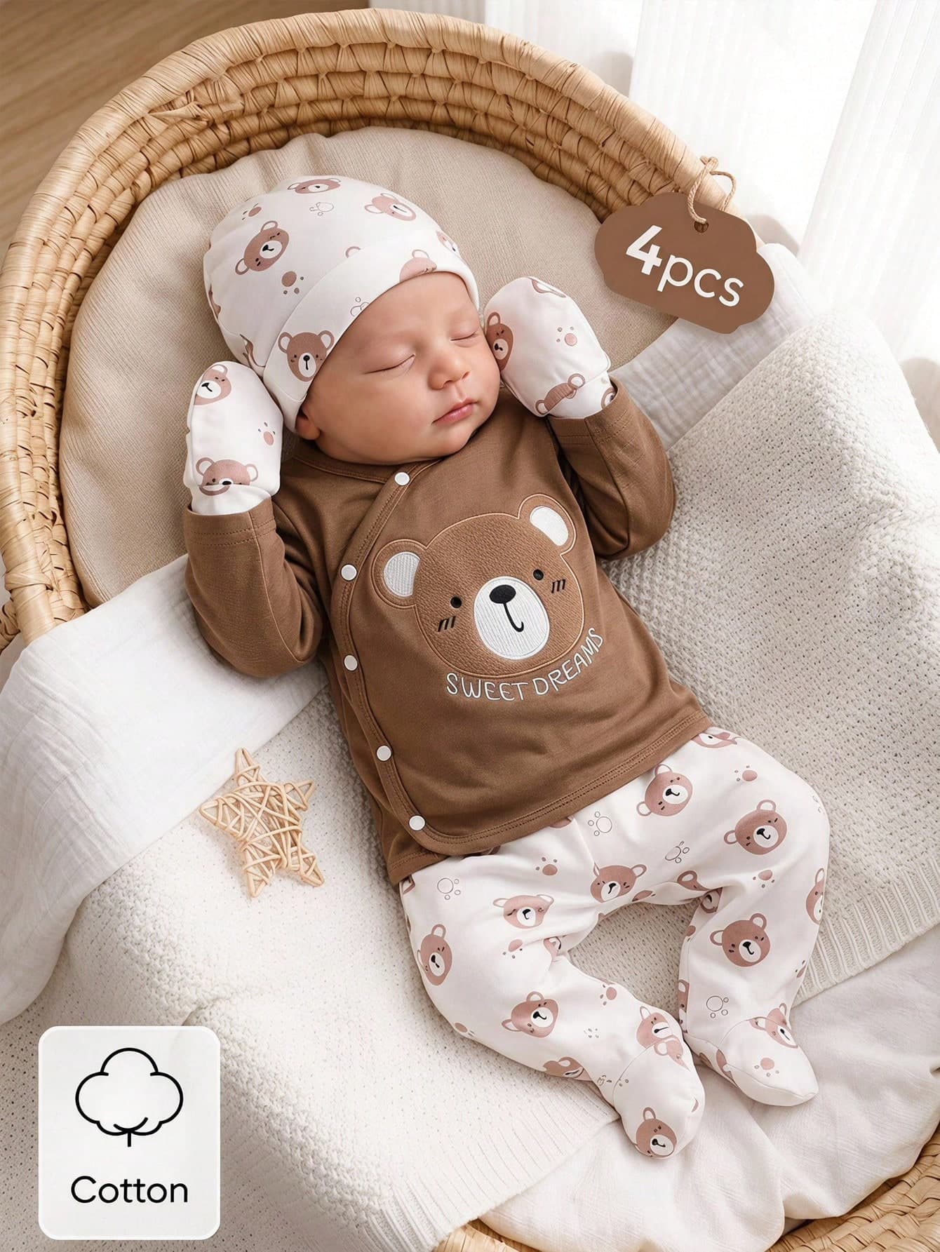 4pcs/Set Autumn/Winter Newborn Home Wear Cute Exquisite Khaki Bear Pattern Embroidered Long Sleeve Top + Full Print Bear Pattern Footed Pants + Hat And Gloves Set