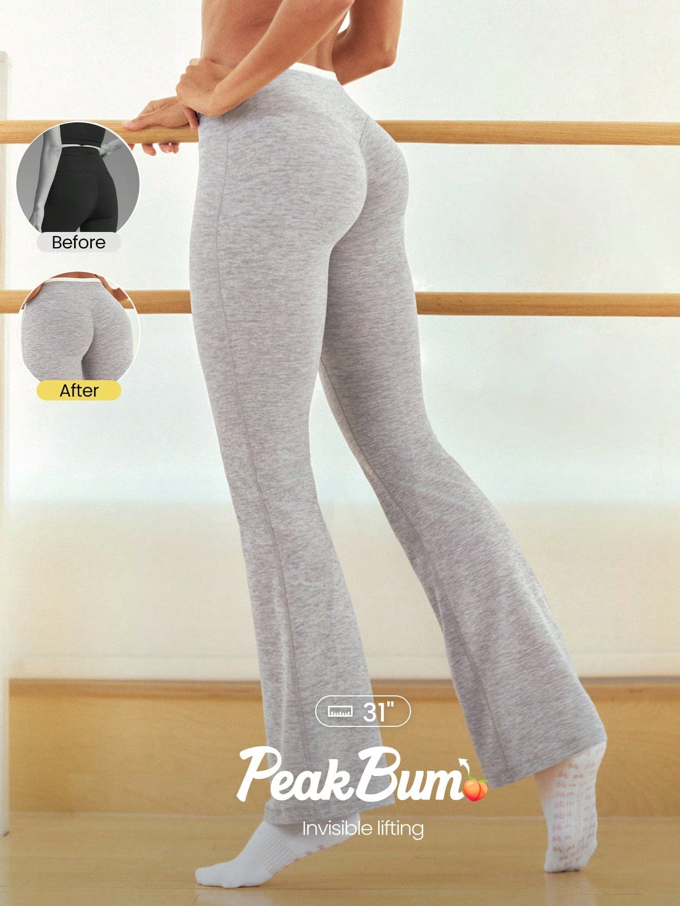 GLOWMODE 31" FeatherFit™-CloudBlend Flare It Out Peakbum Invisible Butt Lifting Mid-Rise Waist Mock 2-Piece Flare Leggings Low Impact Barre Daily Casual