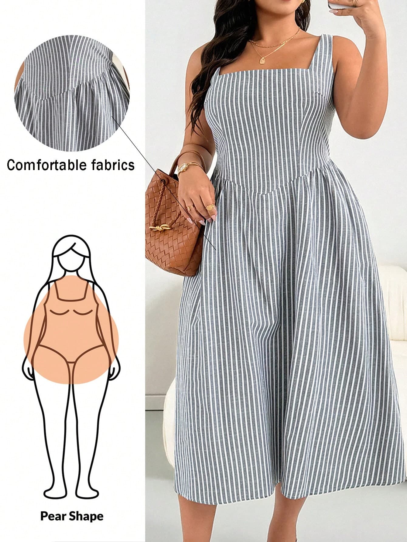 Shapeblank Plus Size Women's Spring/Summer Fashion Elegant Comfortable Daily All-Match Versatile Slimming Grey Striped Square Neck Waist-Cinching Mid-Length Dress, Lunch Party Dress, Outing Outfit, Minimalist Style, Striped Retro Dress