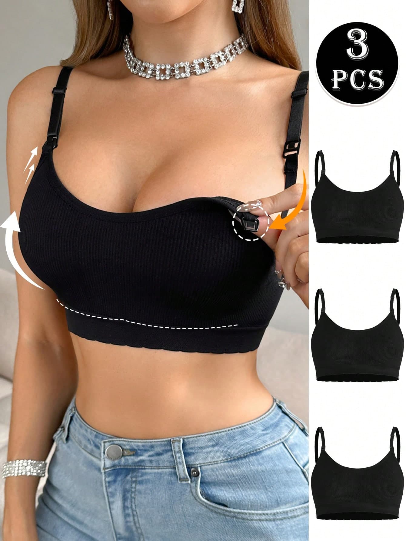 Moonlight&Mama 3pcs Ribbed Seamless Front-Open Wire-Free Maternity Bra For Women