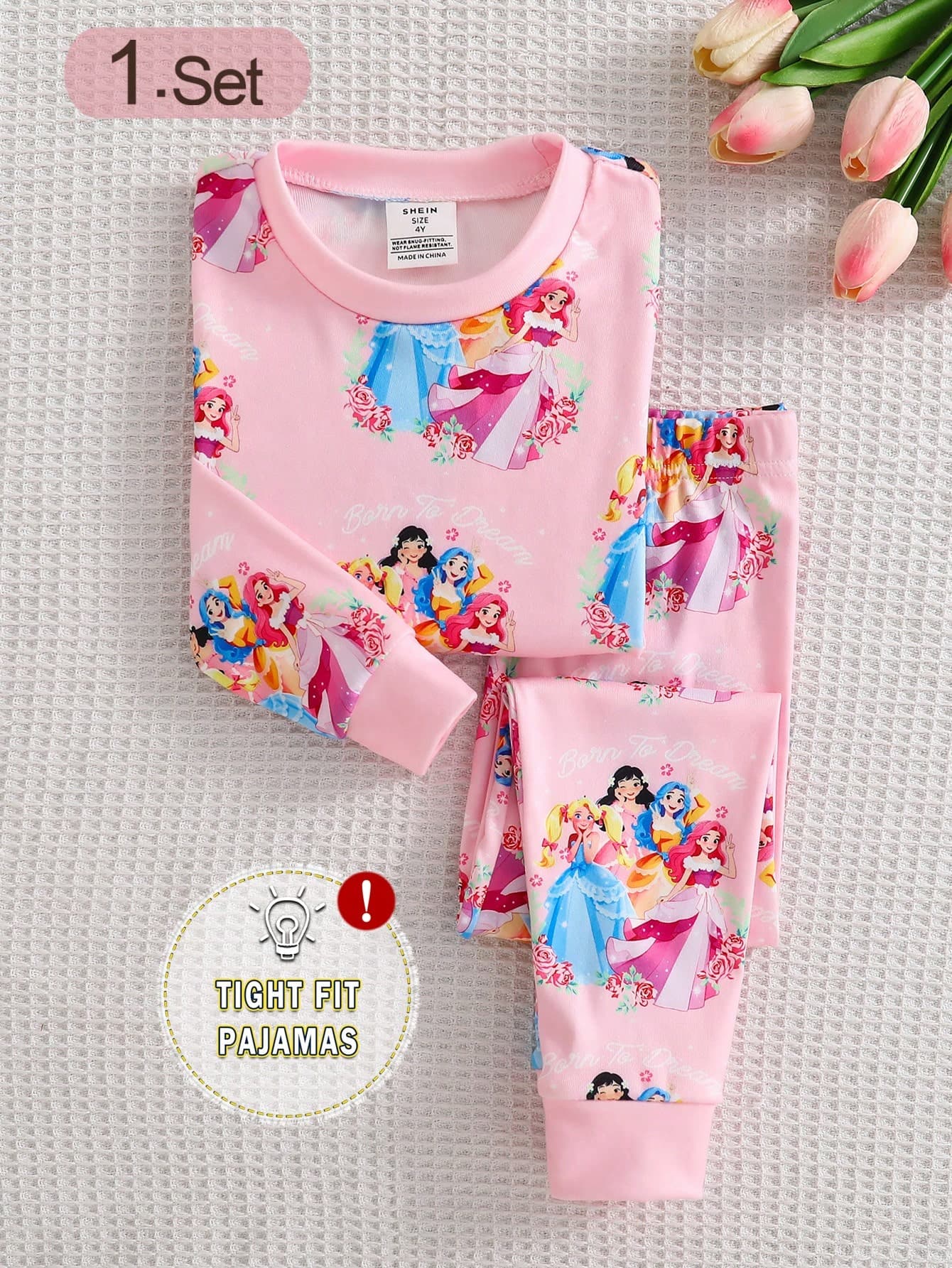 Young Girls Pajamas 2pcs Set Cute Princess Print Long Sleeve Long Pants Knit Snug Fit Sleepwear Loungewear