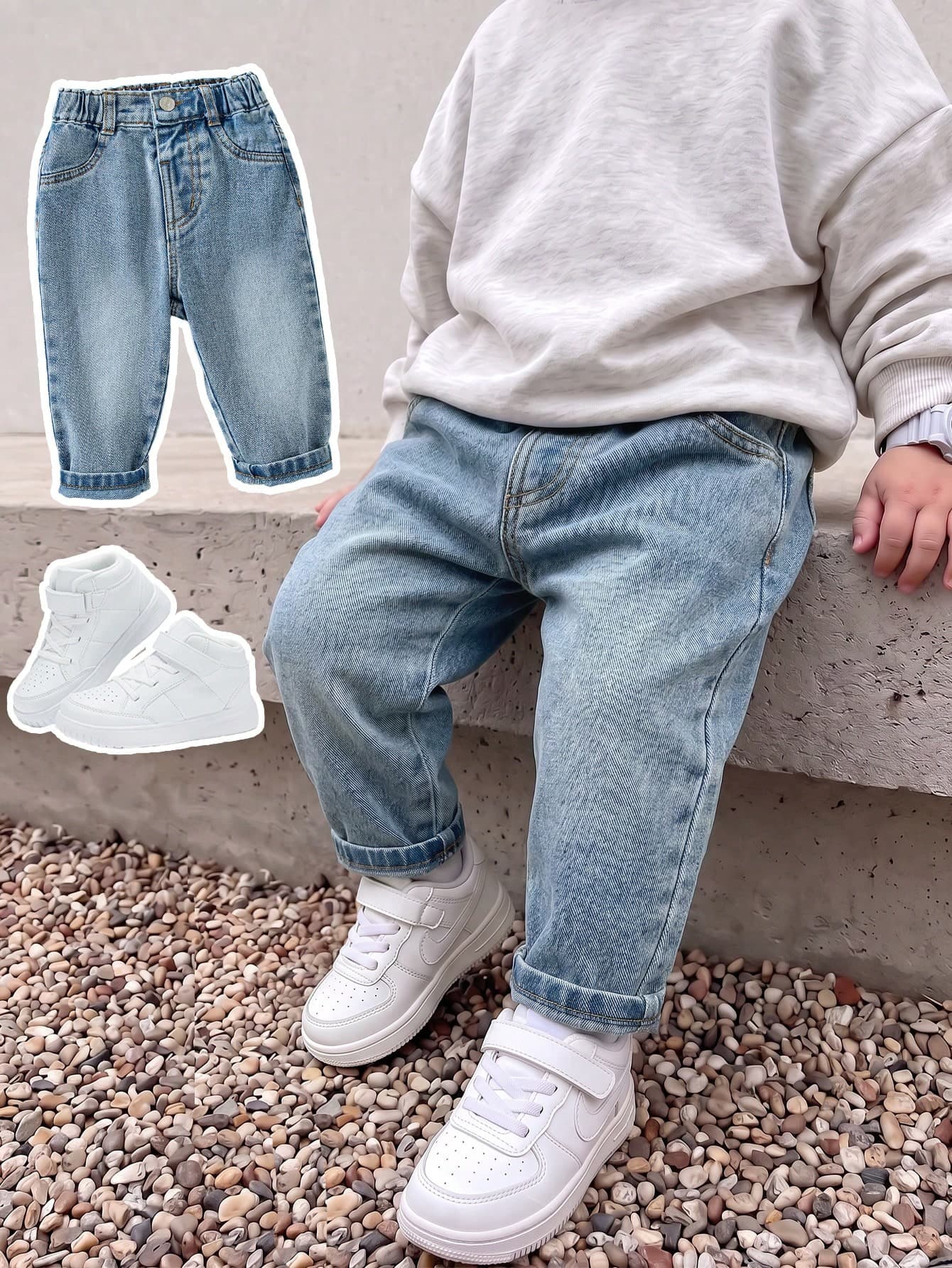 Baby Boy Denim Long Pants, Summer New Casual Cute Playful Style Light Blue Vintage Distressed Denim Color Washed Distressed Process Side Elastic High Waist Fitted Tapered Soft Skin-Friendly Fine Cotton Denim Fabric Daily Versatile Match T-Shirt T-Shirt Daily Outing Home Travel Spring Summer Outing Denim Long Pants
