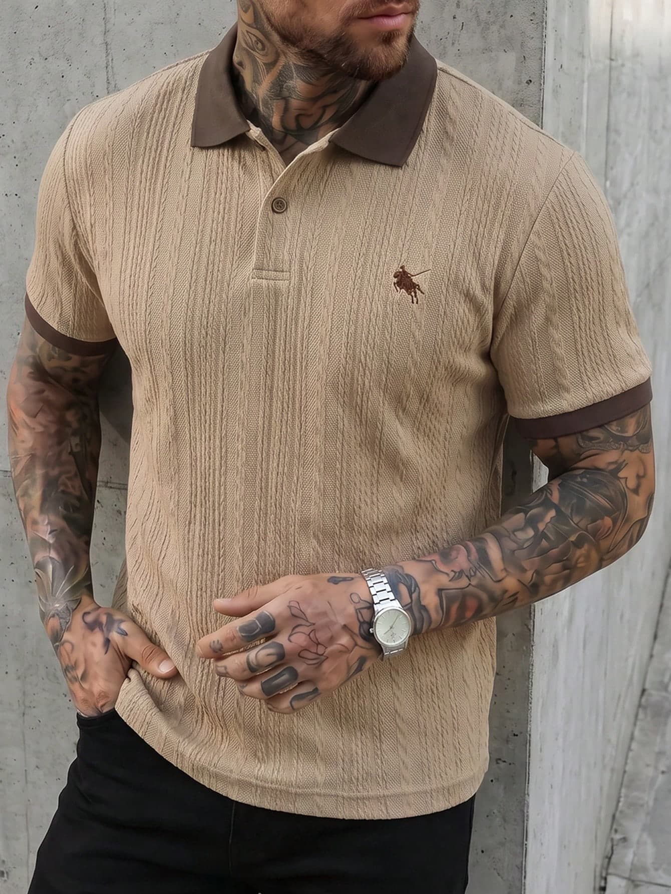 Manfinity CasualCool Men's Textured Jacquard Polo Shirt, Khaki Color Top With Delicate Small Embroidery, Casual Daily Commute Top