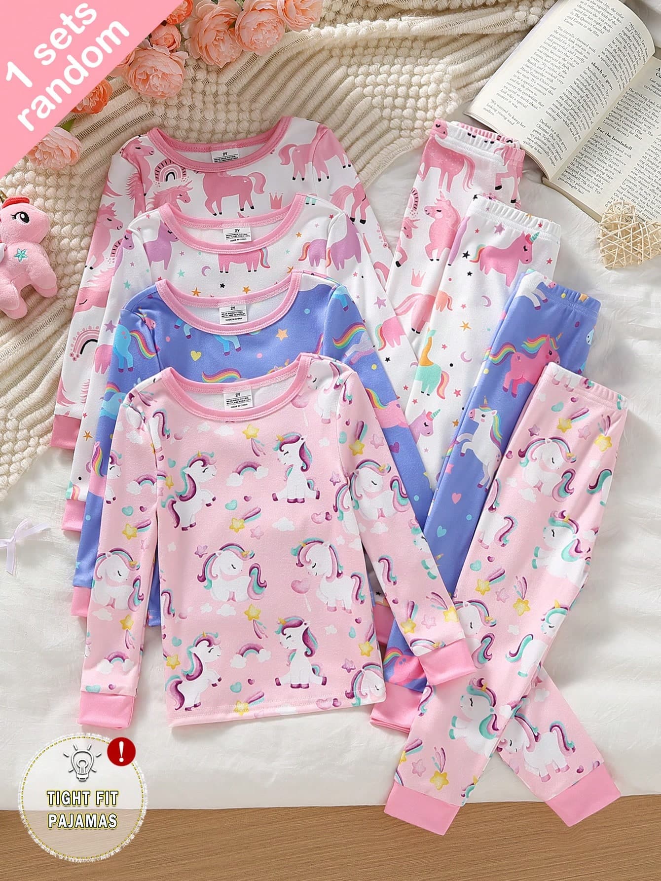 Girls Sweet Cute Elegant Casual Comfortable Daily Tight High Elastic Colorful Unicorn Cartoon Print Round Neck Long Sleeve Top And Pants 2 Pieces Set