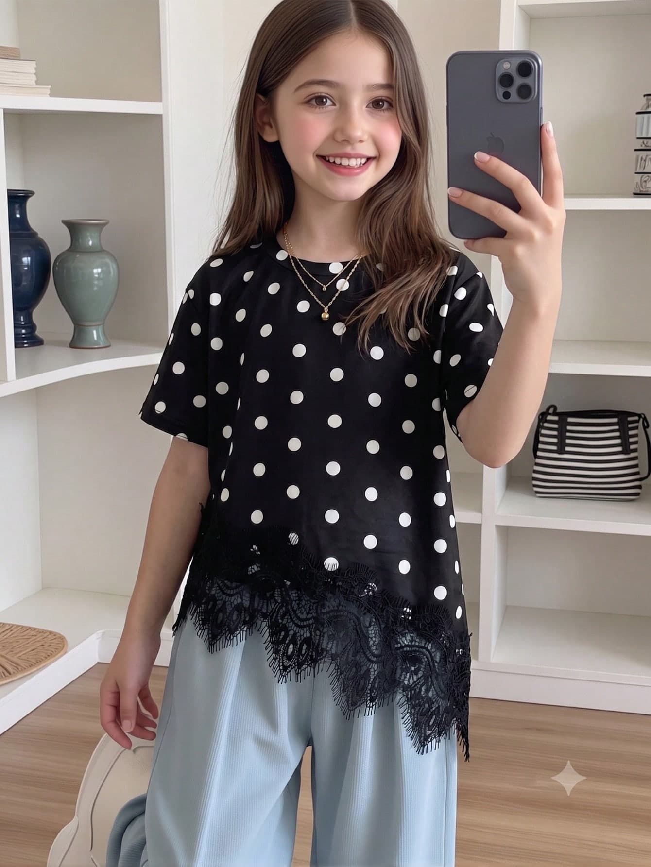 Elladie kids 1pc Girls Casual Vacation Style Round Neck Polka Dot Lace Hem Short Sleeve T-Shirt, Soft And Comfortable Fabric, Asymmetrical Hem Lace Patchwork Pullover Design, Suitable For Daily, Commute, Back To School, Shopping And Vacation