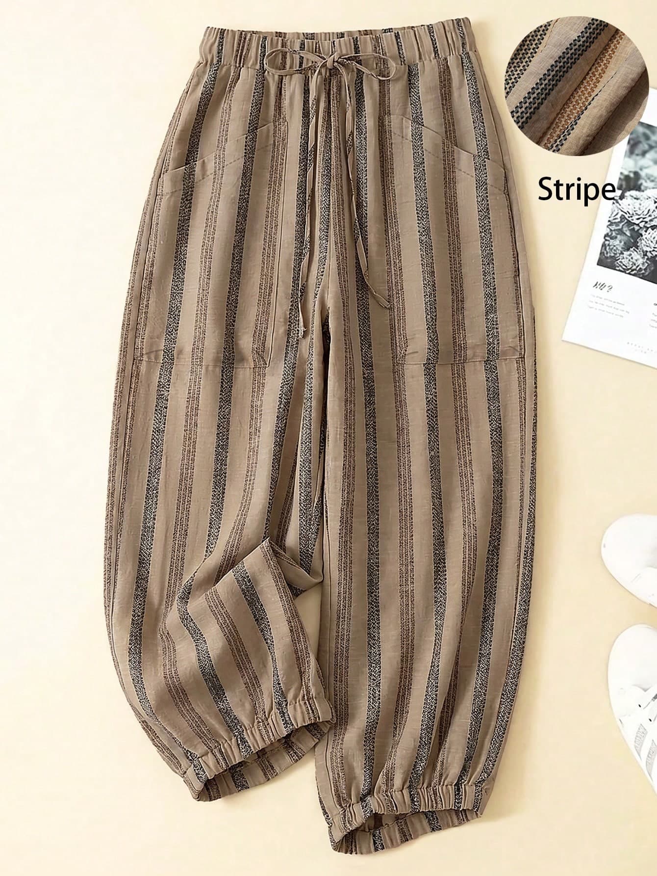 Linhara Plus Size Women Vacation Elastic Waist Striped Pants With Pockets Belt For Casual Summer Outfits
