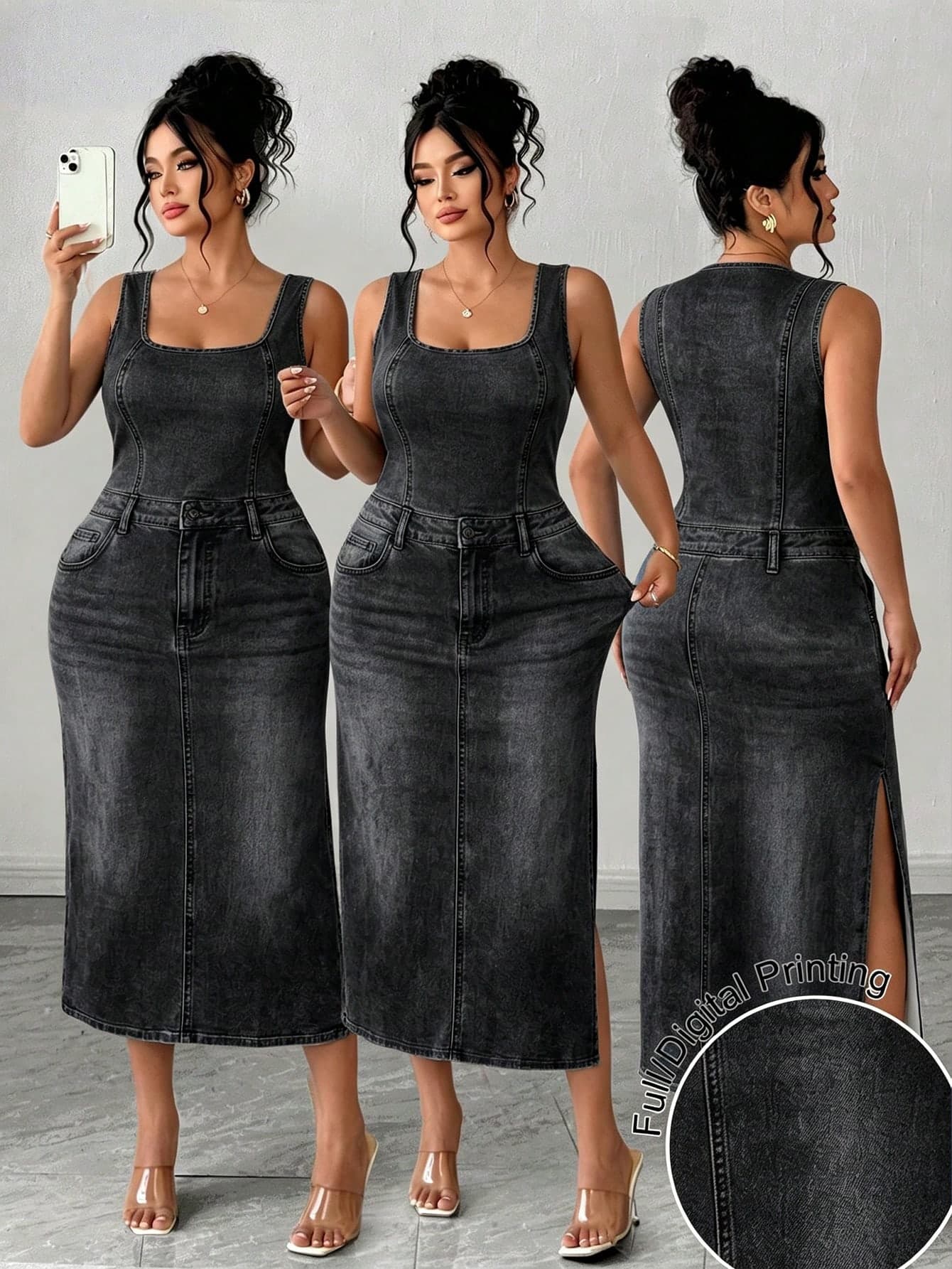 Elenzga Plus Size Women's Fashion Elegant Tropical Floral Print Sleeveless Slim Fit High Slit Dress, Suitable For Spring/Summer, Back To School, Vacation, Graduation, Holiday, Valentine's Day, Christmas, Music Festival, Mother's Day, Halloween, Thanksgiving, Easter, National Day, Prom, Birthday, Date Party, Wedding Season, Outing And More