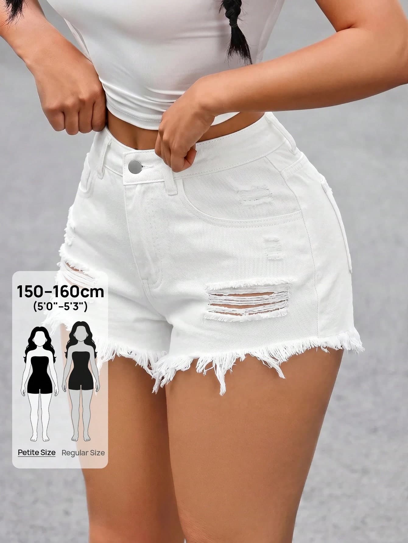 SHEIN PETITE Women's Fashion Casual White Distressed Washed Denim Shorts