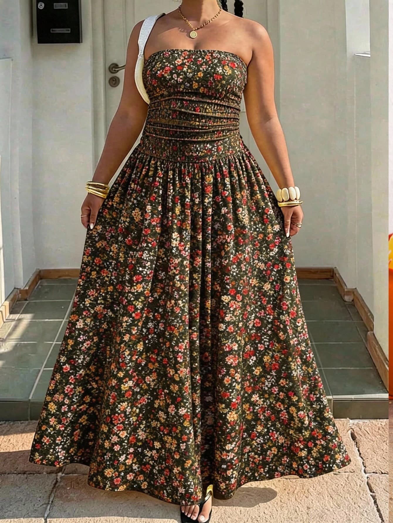 Comfortcana Plus Size Vacation Casual Boho Ditsy Floral Strapless Dress Vacation Chocolate Brown Summer