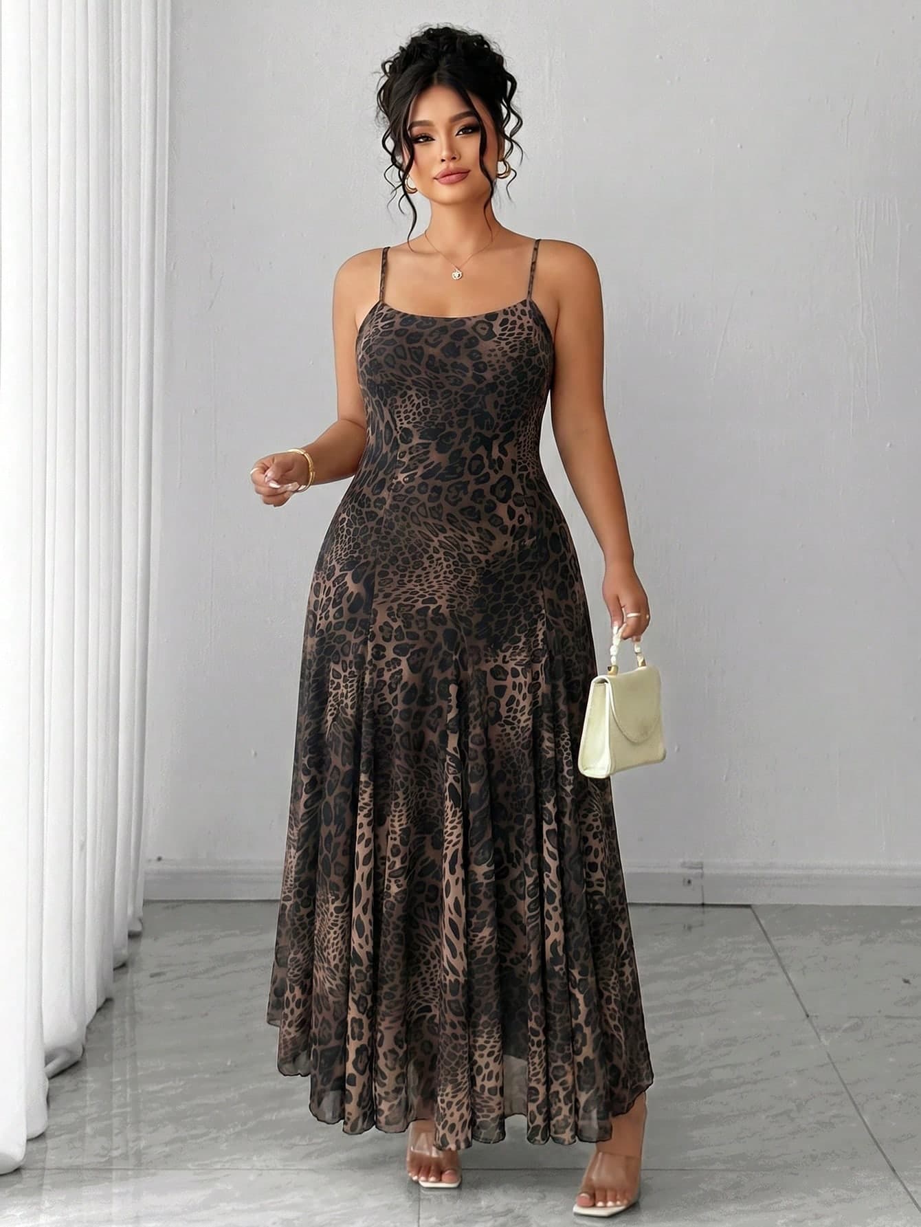 Elenzga Plus Size Leopard Print Spaghetti Strap Long Dress With Patchwork Hem