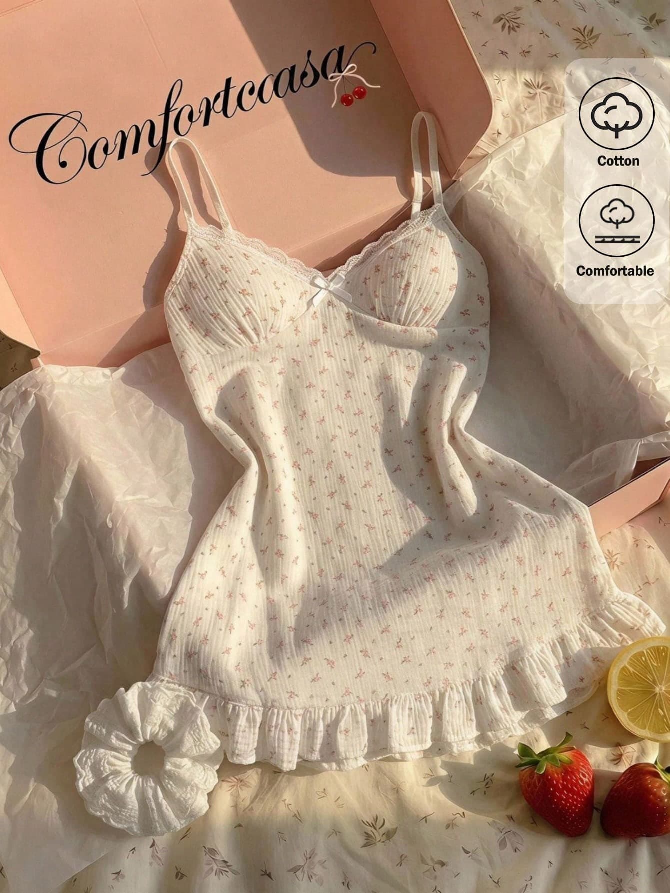 Comfortcana Floral Casual Women's Bowknot Decor Spaghetti Strap Dress