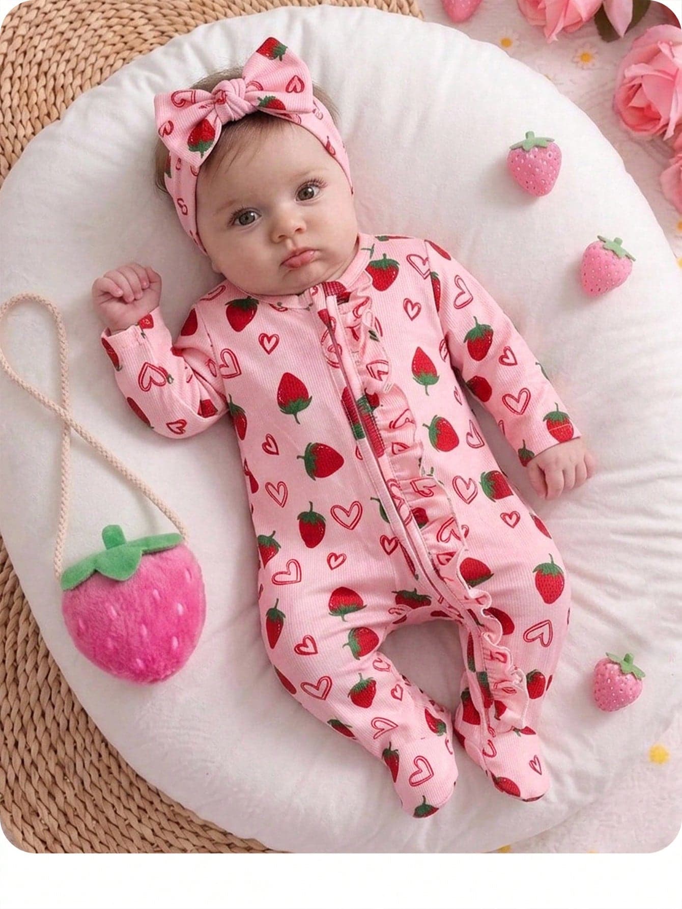 SHEIN Newborn Baby Strawberry Pattern Casual Daily Outing One-Piece Long Pants