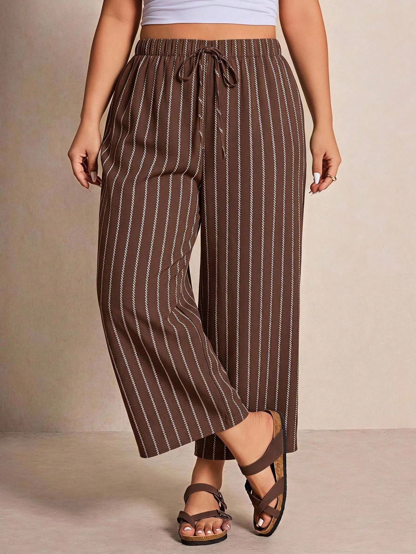 SHEIN Essnce Casual Retro Striped Print Plus Size Women's Waist Tie Straight Leg Coffee Brown Pants, Suitable For Summer, Women's Summer Clothing