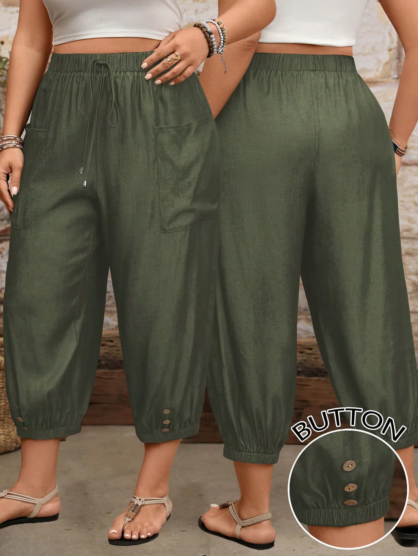 EMERY ROSE Casual Cuffed Pants With Drawstring Adjustable Waist And Side Patch Pockets, Plus Size