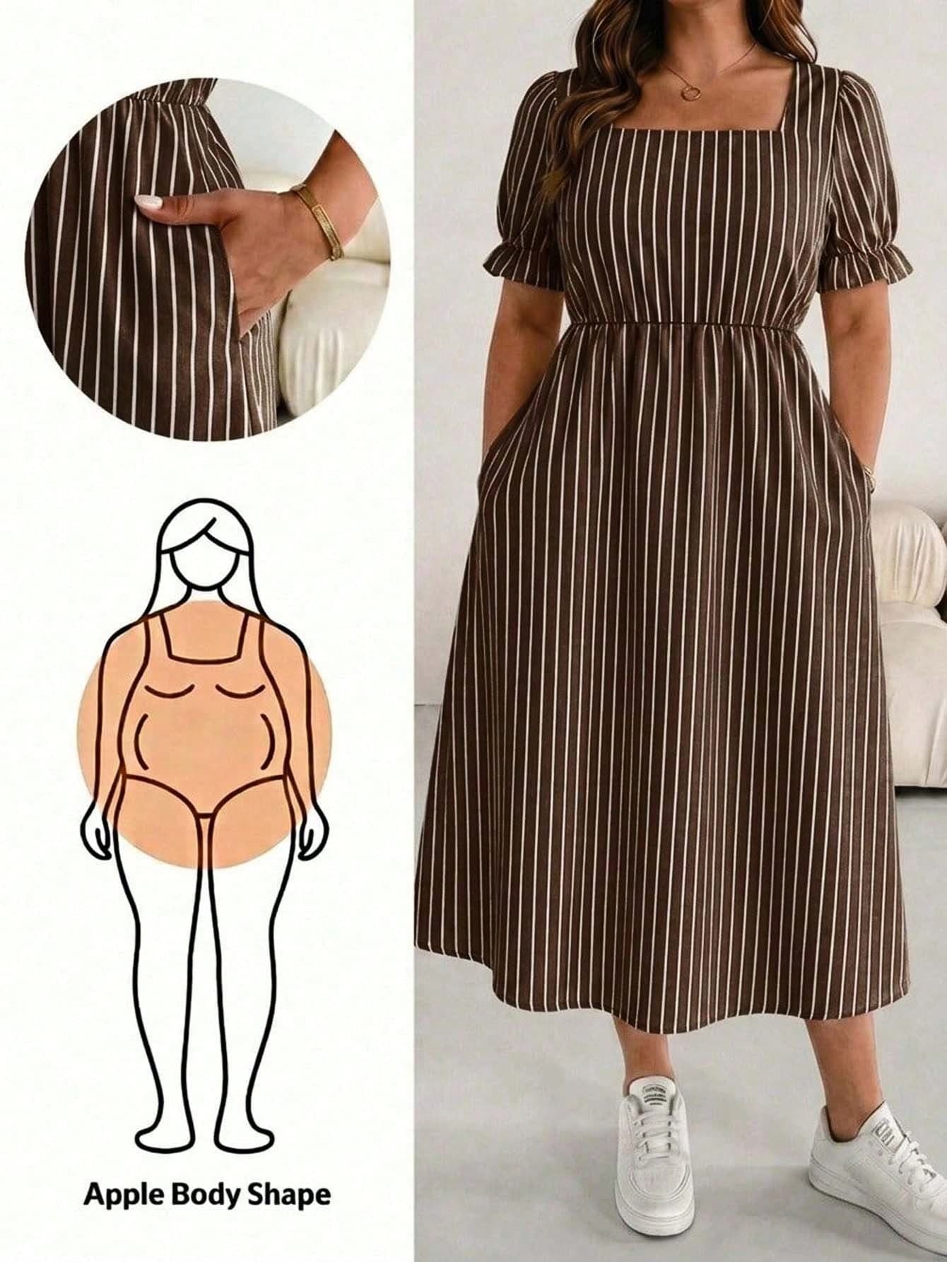 SHEIN Essnce Plus Size Women's Striped Square Neck Short Petal Sleeve Pocket Dress