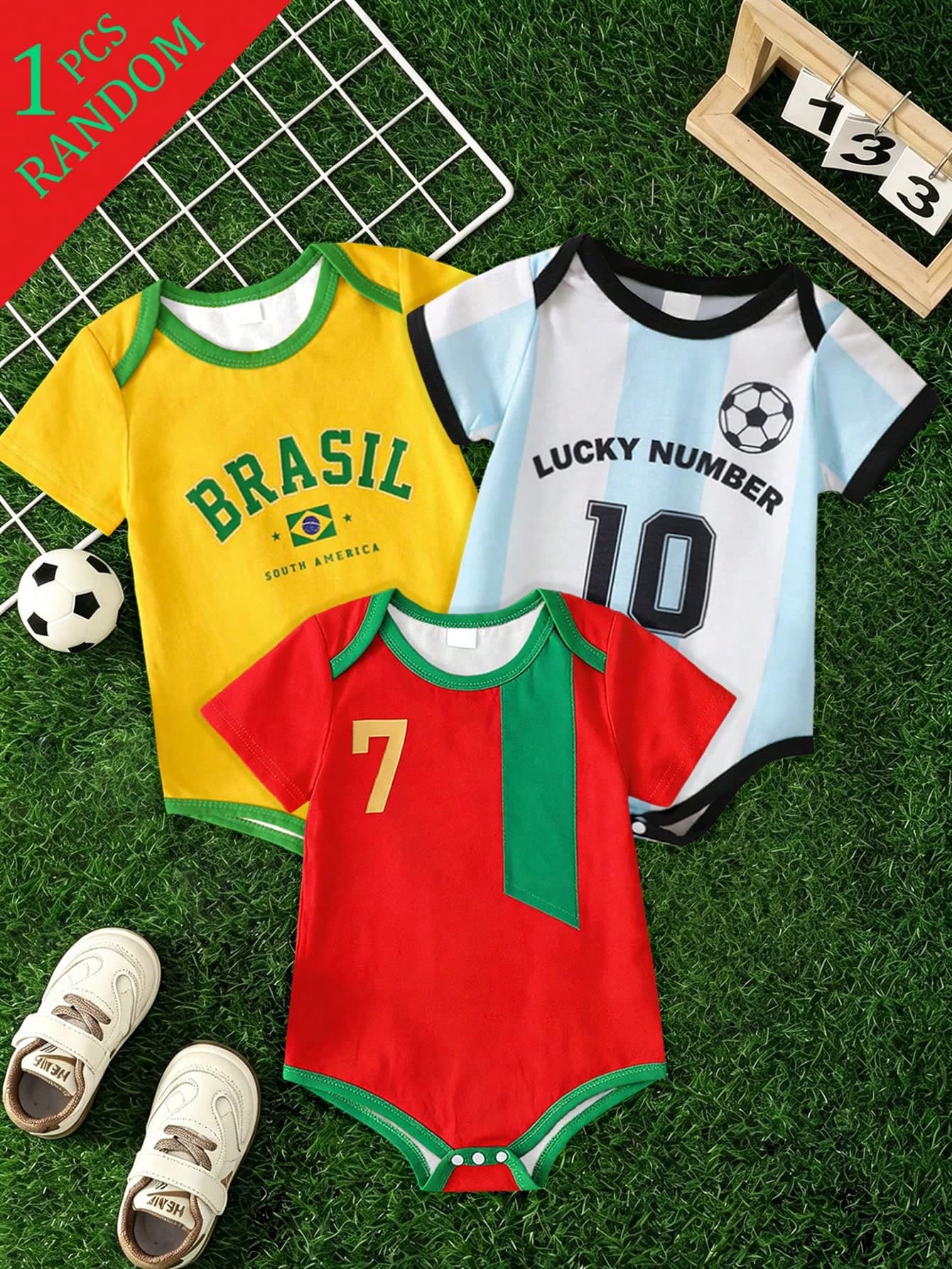 SHEIN Infant Boys Casual Fashion Football Style Contrast Color Red Number 7 Print Sports Romper Short Sleeve Soft Fabric Suitable For Summer Outings And City Casual Wear