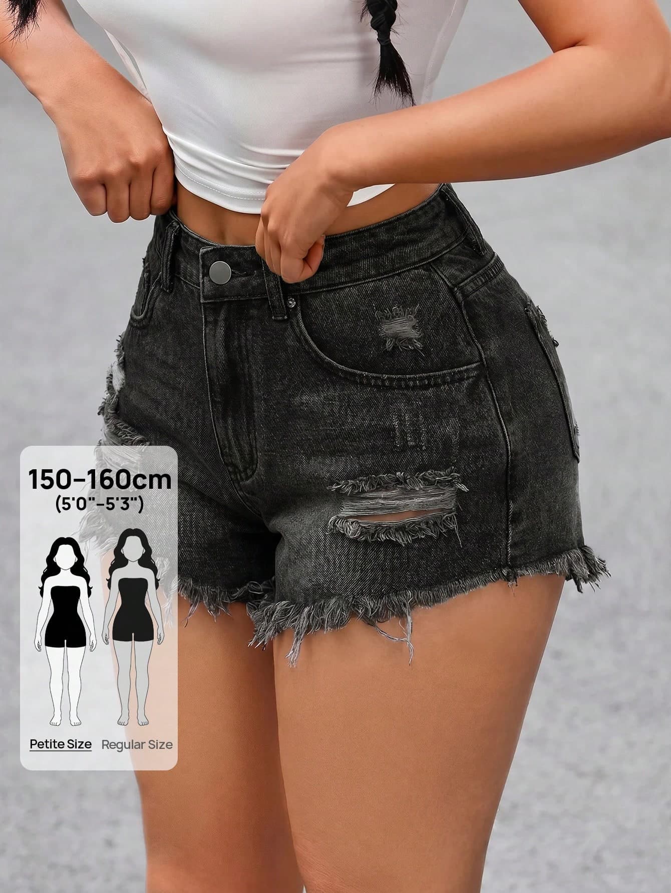 SHEIN PETITE Women's Pocket Distressed Frayed Hem Casual Versatile Denim Shorts