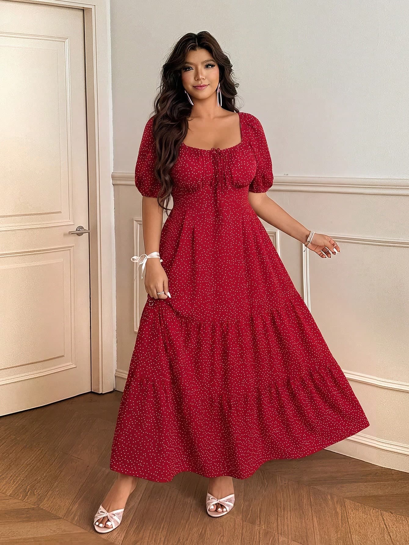 Vionelle Plus Size Spring/Summer Ditsy Floral Vacation Casual Elegant Red One-Shoulder Dress Vacation