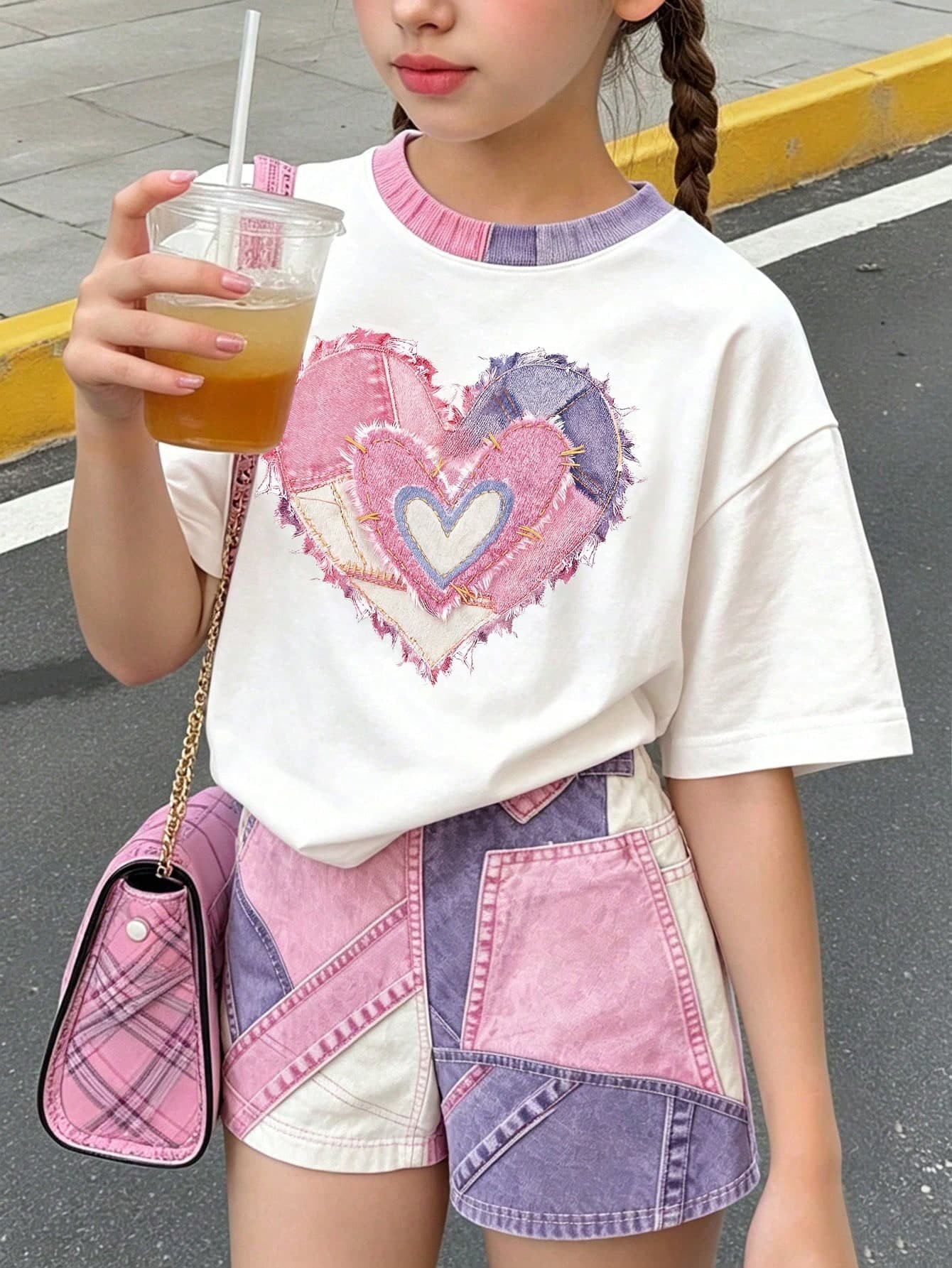 Kids Tween Girl Casual Minimalist Cartoon Pattern Short Sleeve T-Shirt And Shorts 2-Piece Set Suitable For Summer