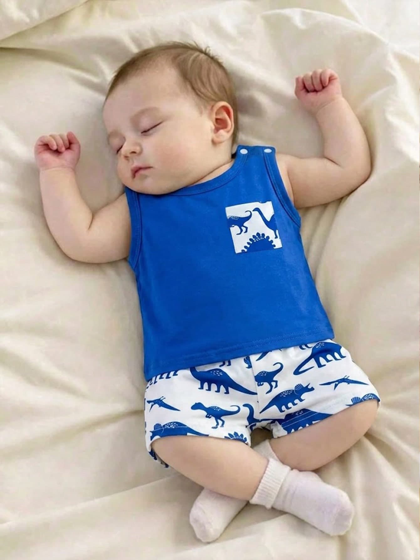 Playful Pals 2pcs/Set Newborn Baby Boy Casual Fashion Simple Cute Dinosaur Print Faux Pocket Design Sleeveless Top And Dinosaur Print Shorts Set, Suitable For Spring/Summer, Outings