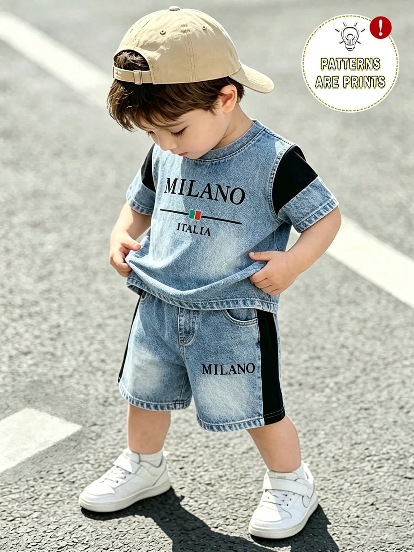 Souflis Souflis Boys Casual Classic Look MILANO, ITALIA Letter Print Crew Neck T-Shirt And Denim-Look Shorts Set, Suitable For All Seasons, Outdoor Wear