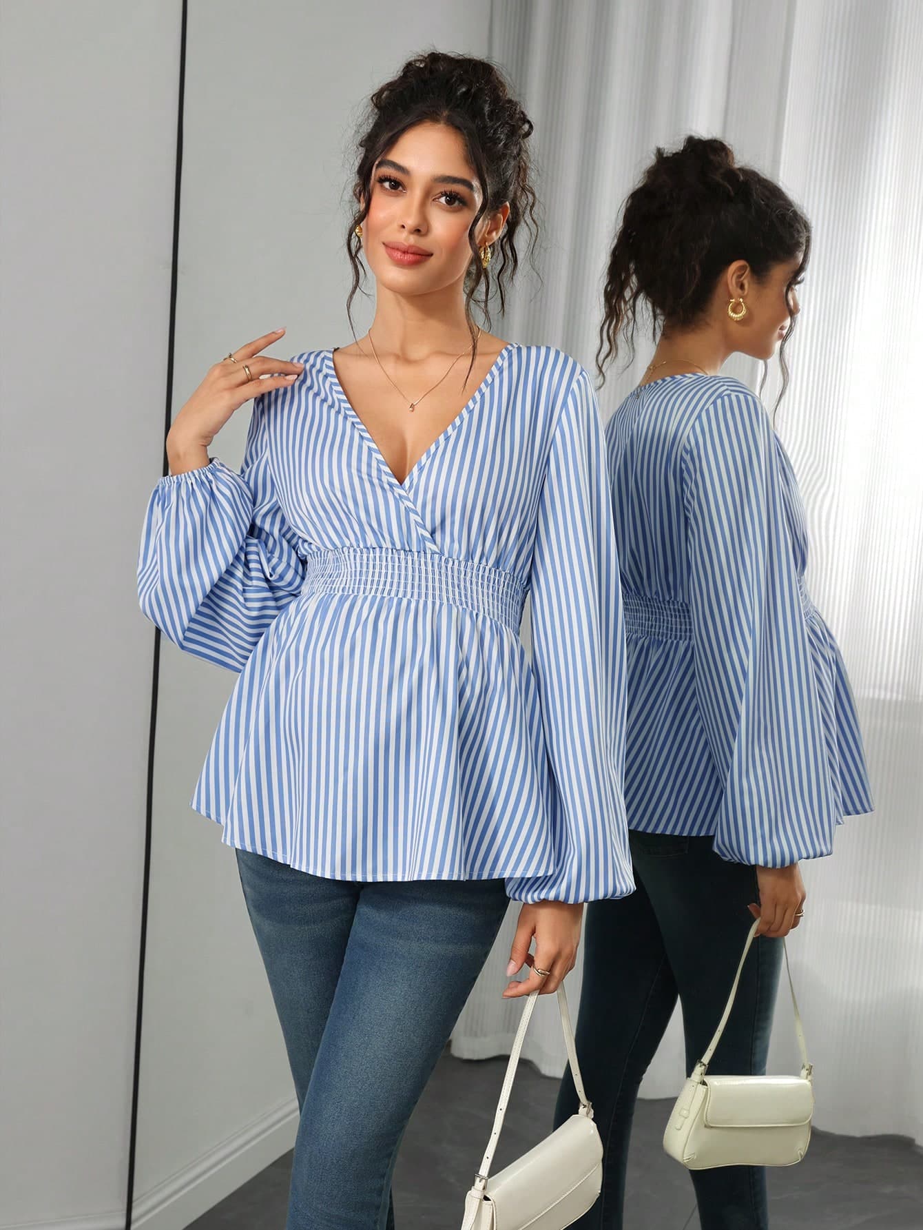 Momance Blue And White Striped Maternity Blouse, Cross Over Collar Design, Shirred Waist, Loose Peplum Hem, Elastic Cuffed Bell Sleeves, Comfortable Versatile Maternity Top