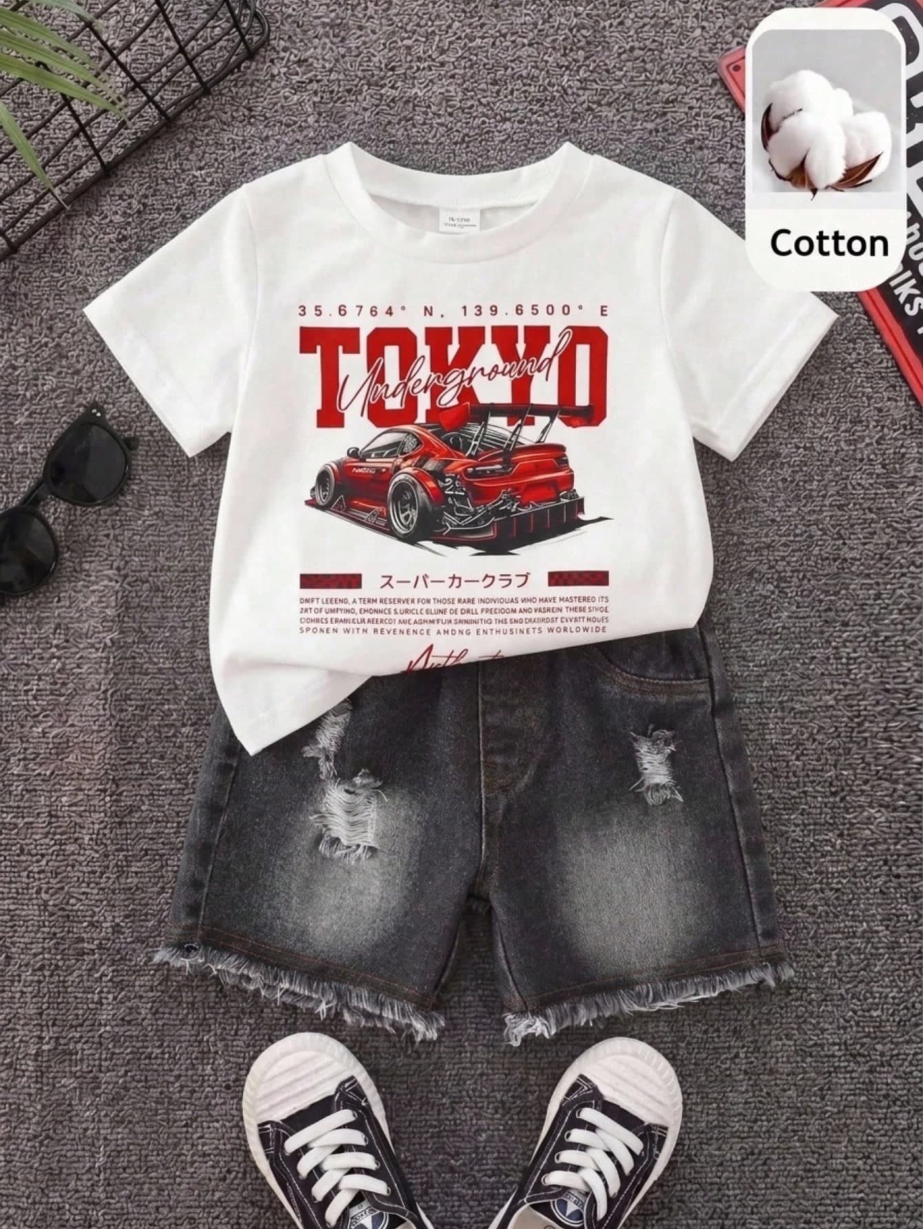 SHEIN 2pcs/Set Baby Boy Baby Boy Street Style Cute Versatile Knit Car Print T-Shirt And Denim Shorts Set, Tank Top Set, Denim Set, Racing Set Suitable For Spring Summer Autumn