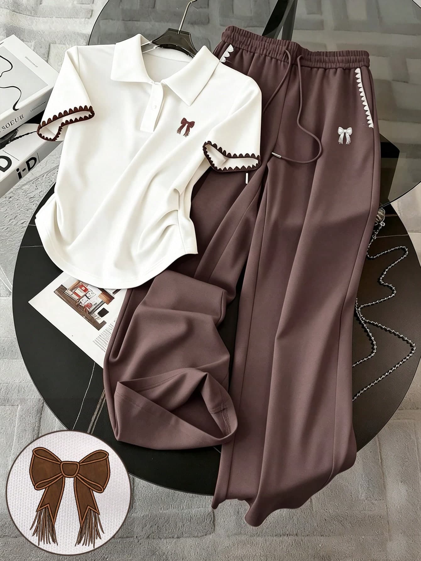 Resyla Bow Embroidery, Special Crafted Shell Embroidery Fashionable Minimalist Women's Polo Collar T-Shirt + Pants Set, Gift For Friends