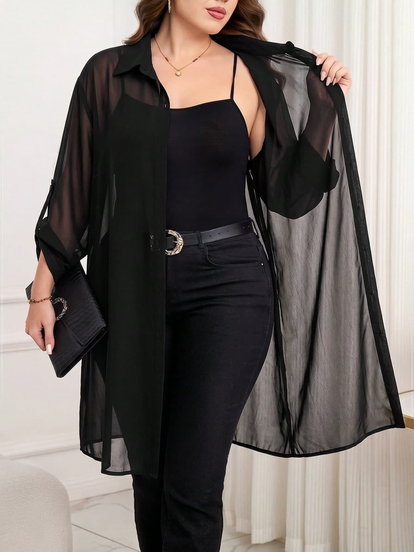 Reflora Plus Size Women's Solid Color Rolled Sleeve Single-Breasted Long Shirt Formal Black Summer Casual Sexy