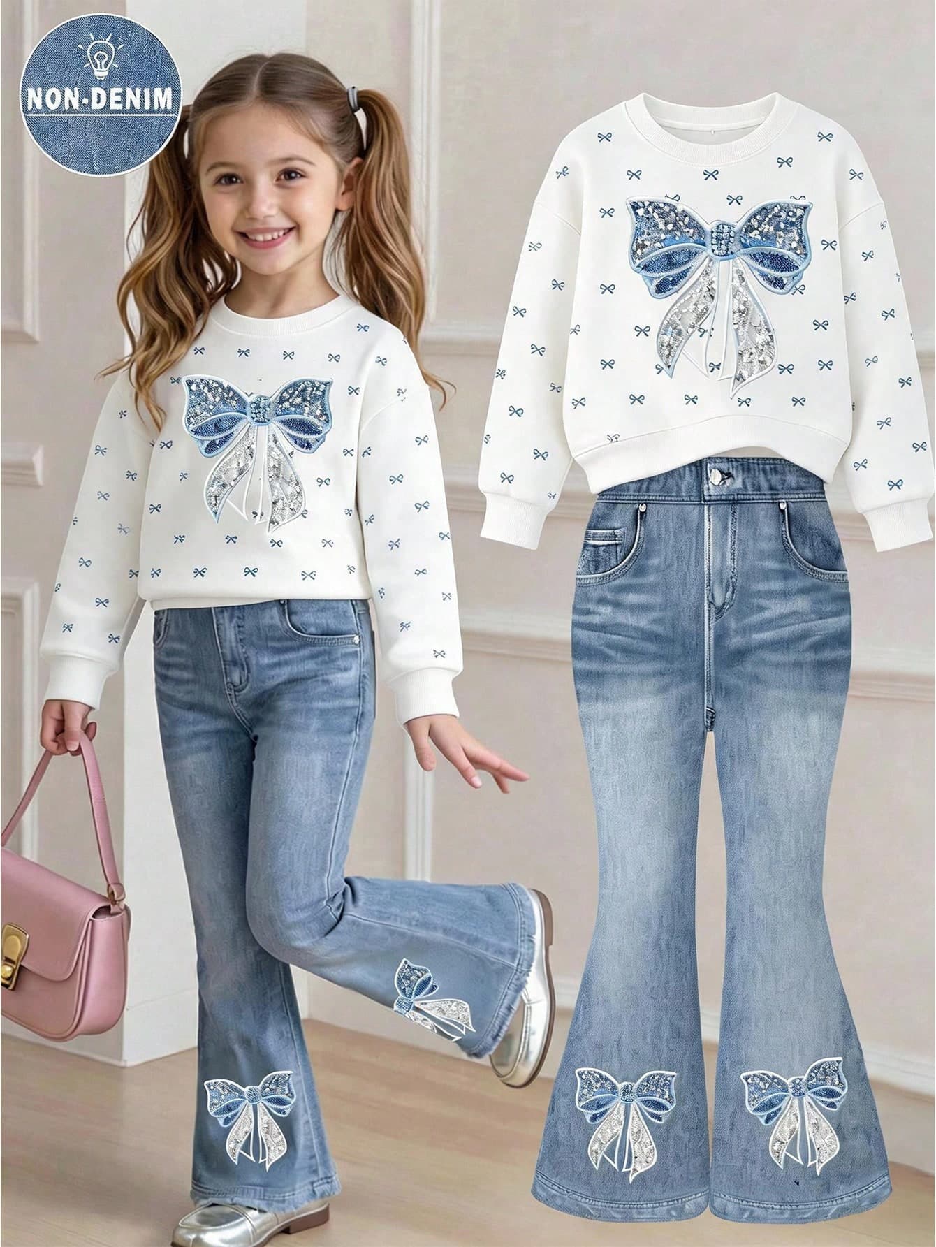 Girls Toddler Spring Autumn Sweet Bow Print Long Sleeve Sweatshirt & Denim Flare Pants 2pcs Set, White Round Neck Top With Light Blue High Waist Long Pants, Princess Style Casual Versatile Outfit For Kindergarten, Outings And Photos