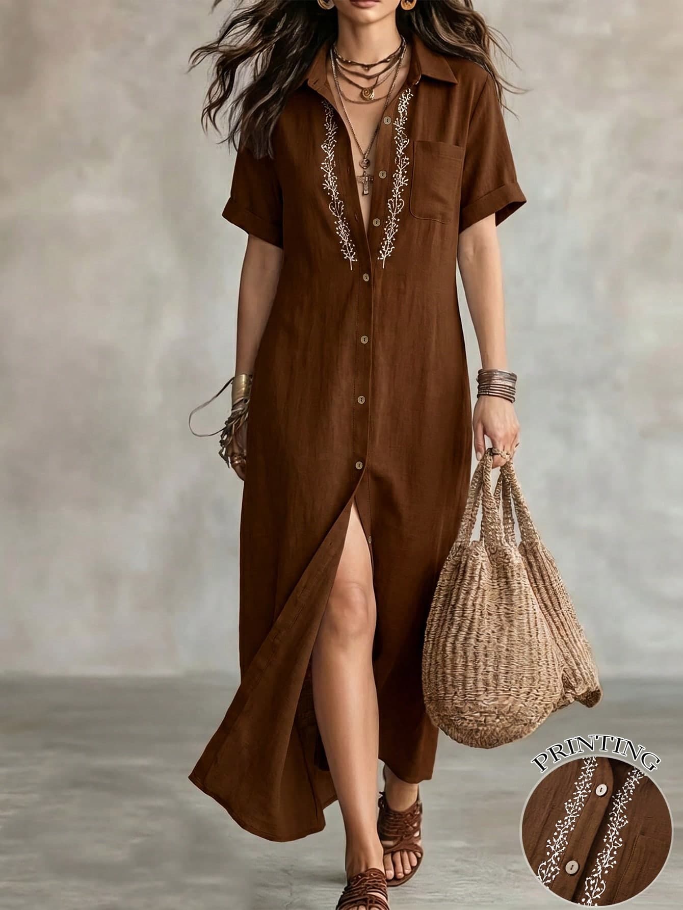 Linhara CURVE Plus Size Woven Elegant Boho Summer Long Dress For Vacation Vacation Brown