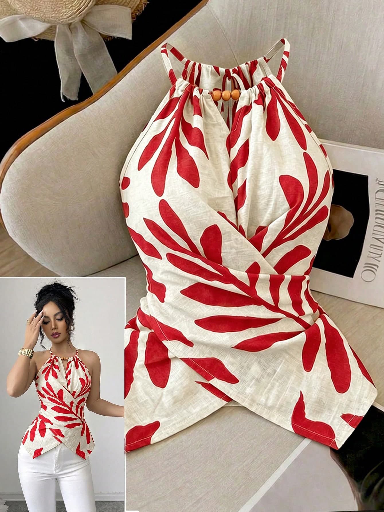 GlowEve CURVE Women's Spring/Summer Elegant Commuter Casual Apricot Leaf Print Sleeveless Halter Neck Bow Tie Neckline Wooden Bead Decor Irregular Hem Waist Cross Tie Design Fitted Slimming Tank Top