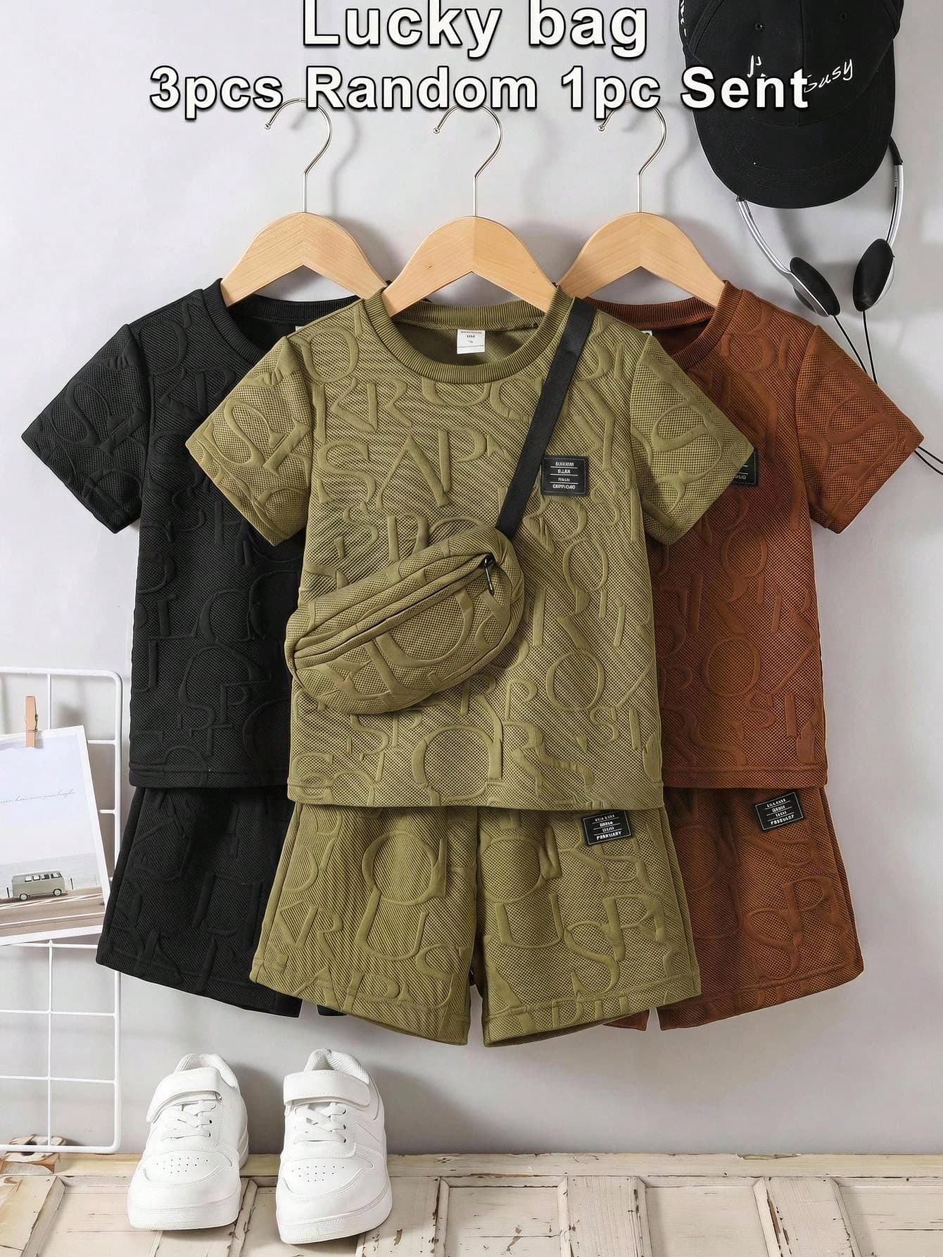 SHEIN Genkimix Kids Boys' 3-Piece Set Short Sleeve T-Shirt, Shorts And Bag, Suitable For Daily Casual Outings, Spring/Summer,LuckyBag Ramdom 1set