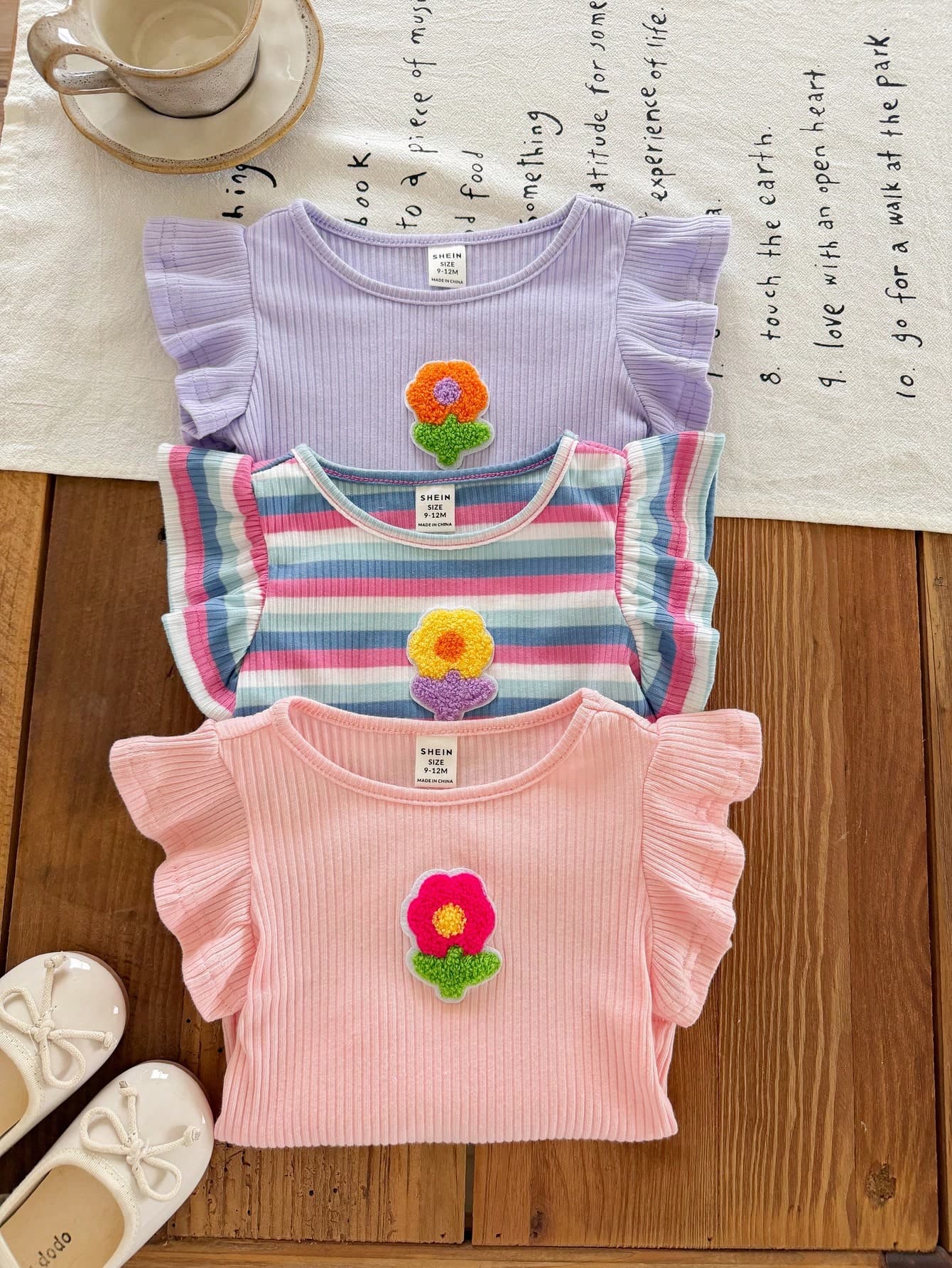 LMoss Kids Baby Girl 3pcs Knitted Solid Color Striped 3D Floral Crew Neck Tank Tops