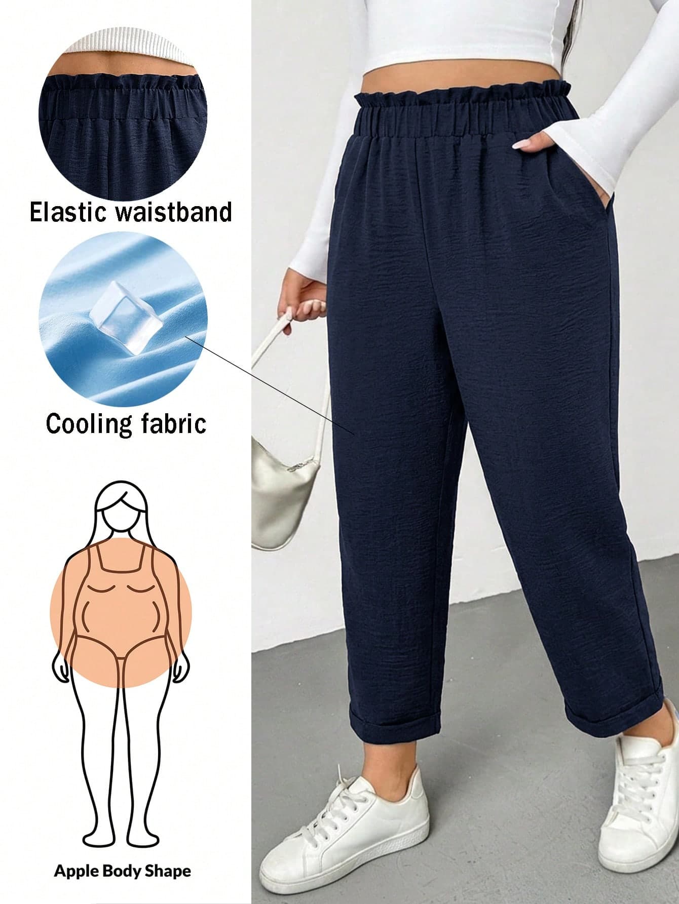 Shapeblank Plus Size Women's Solid Color Frill Trim Elastic Waist Pocket Tapered Pants