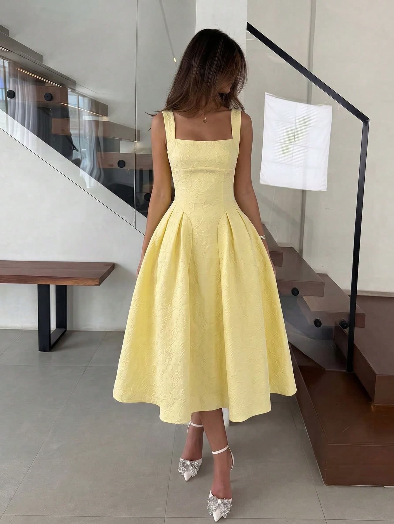 NOVVYNE Yellow Textured Square Neck Tie-Waist A-Line Dress Pale Yellow Square Neck Textured Midi Dress Outdoor Picnic & Vacation Summer Summer Dress