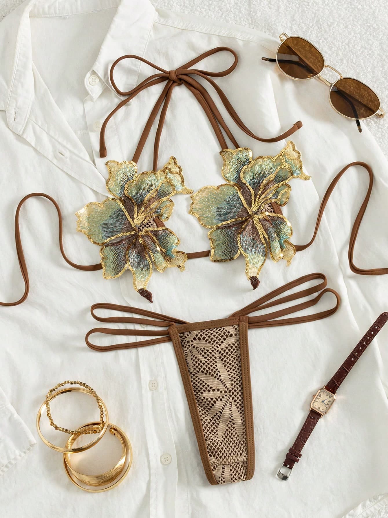 Swim SXY 2pcs/Set New Textured Micro Triangle Cup Halter Neck Floral Decor Elegant Cute Chocolate Brown Summer Bikini Set,Suitable  Beach Party Holiday,Pool