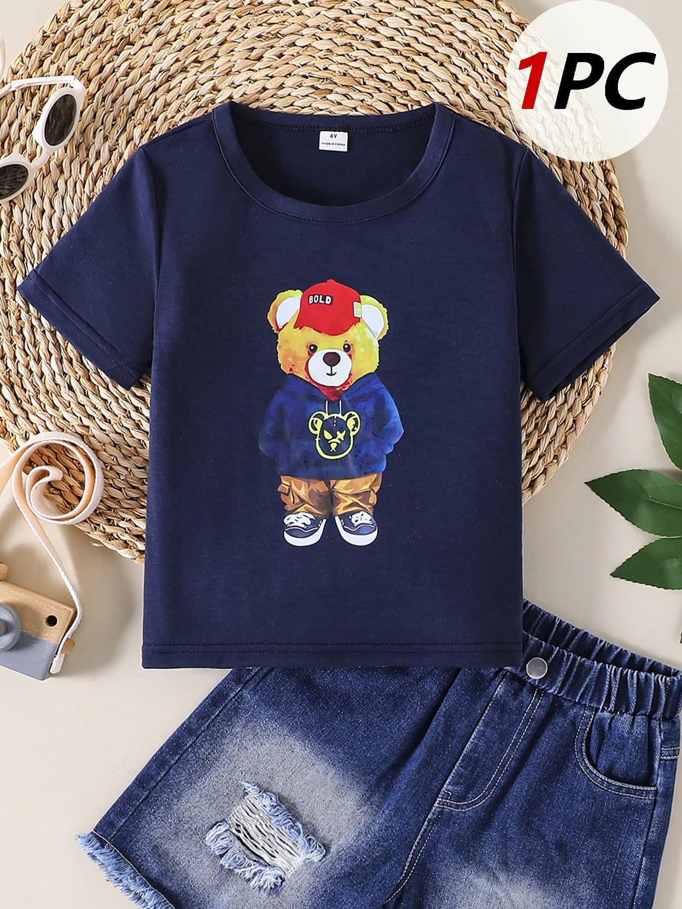 SHEIN Genkimix Kids Toddler Boys' Cute Cartoon Bear & Letter Print Short Sleeve T-Shirt,Casual Comfortable Knit Tee,Summer School Back-To-School Outfits For Kids Boys