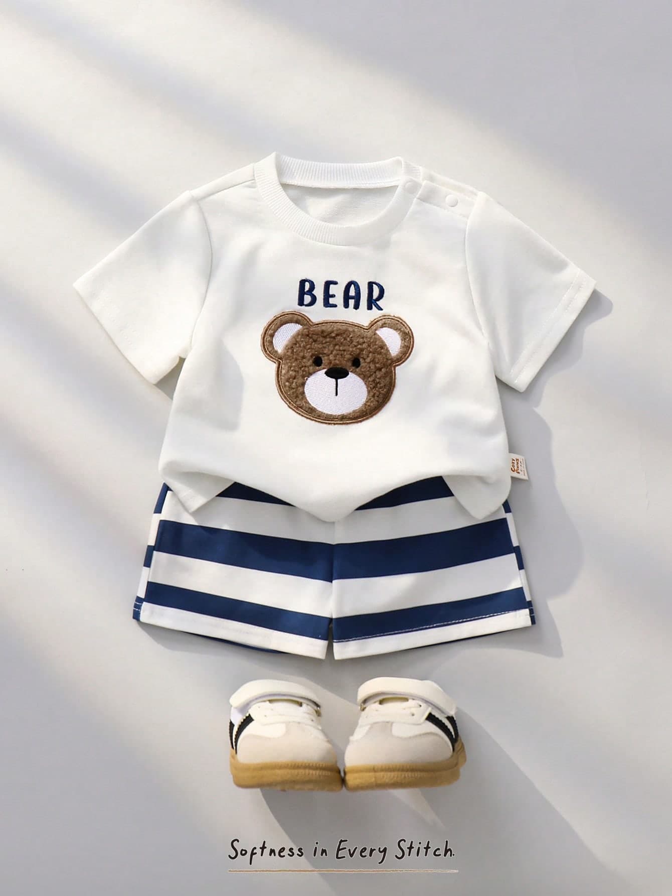 Cozy Pixies Newborn Baby Boy/Girl 2pcs Set: Soft Knit Bear Pattern Crew Neck Short Sleeve Top And Elastic Waist Shorts