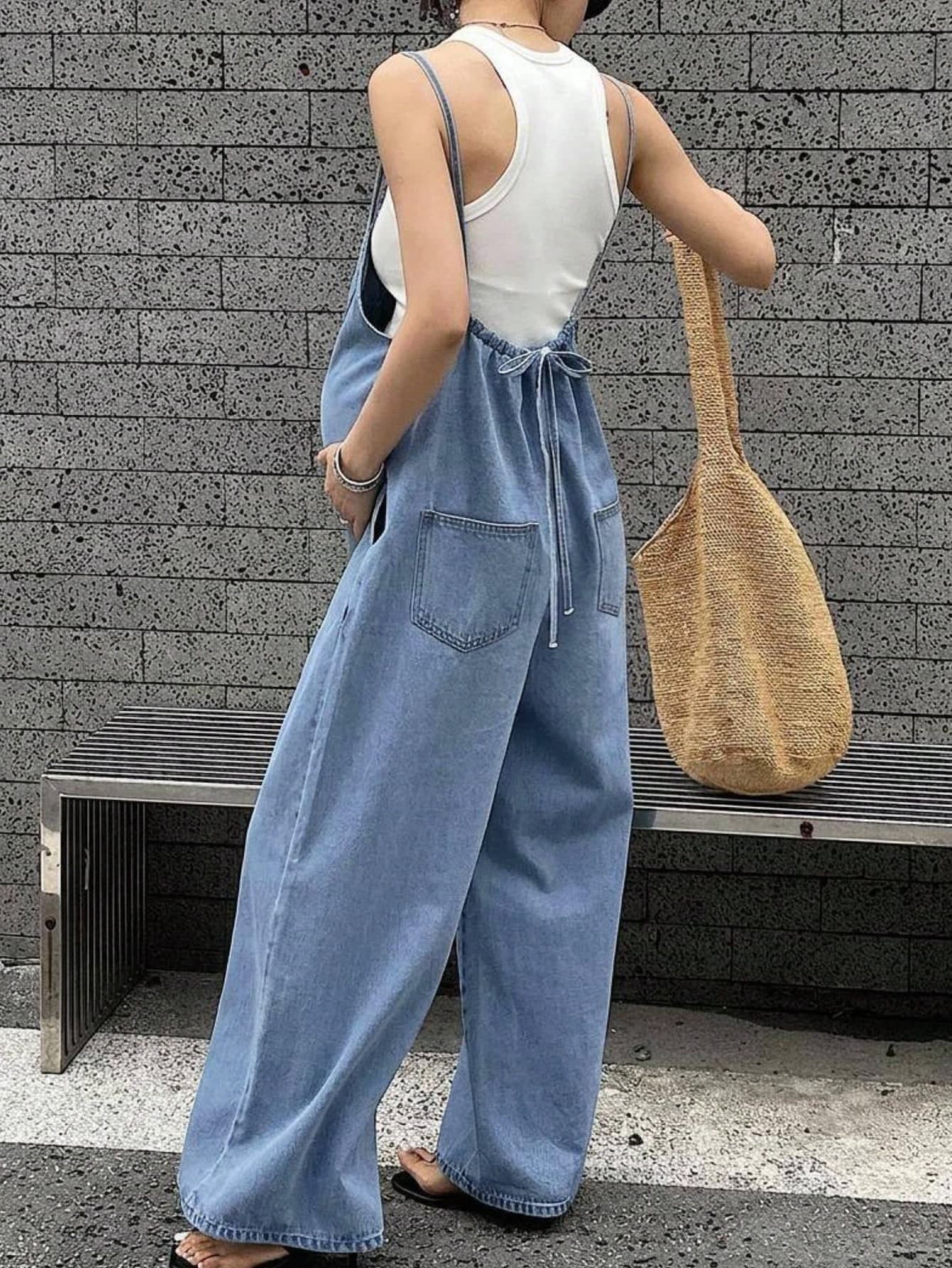 DAZY Light Wash Denim Loose Back Tie Waist Maternity Overalls Long Pants Spring Summer Autumn