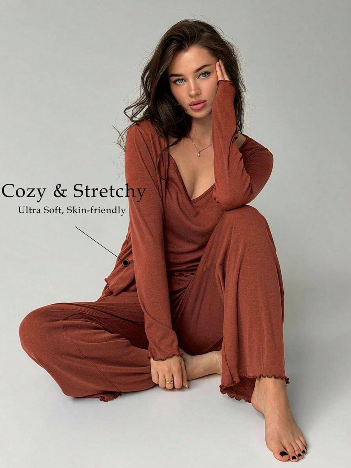 Livesso Women's Solid Color Camisole Top & Long Pants Loungewear Set