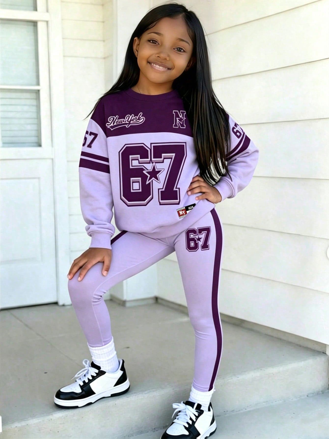 SHEIN Girls Fashion New York 67 Badge Five-Point Star Striped Purple Color Block Pattern Basic Crew Neck Sweatshirt & Leggings 2-Piece Set