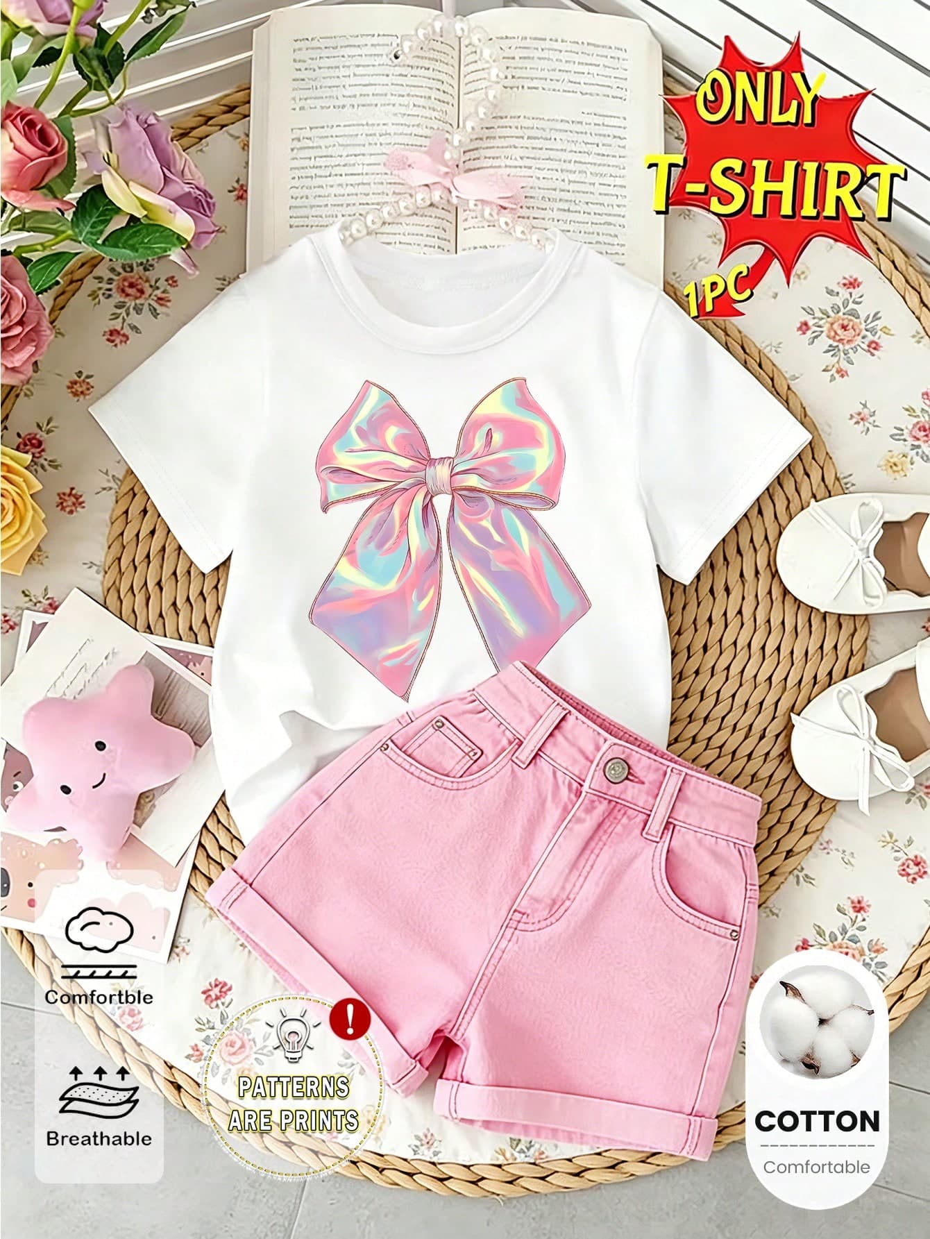 (1 Pc) Girls' Fresh Cute Minimalist Pink Colorful Bow Pattern Basic Traceable Cotton White Short T-Shirt, Comfortable Daily Wear