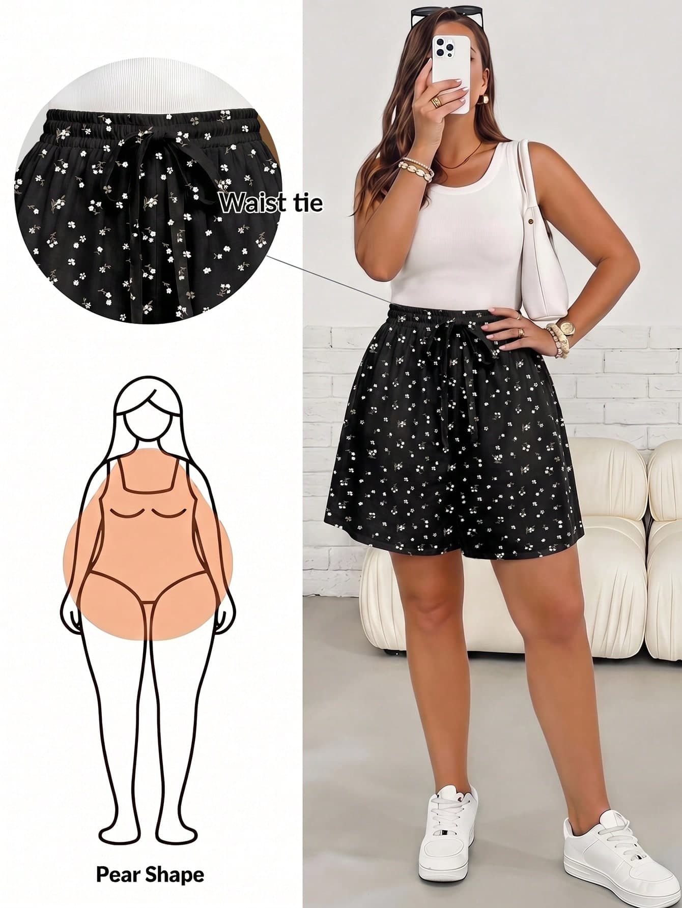 SHEIN Essnce Casual Vacation Romantic Floral Print Plus Size Women Loose Shorts Suitable For Summer Music Festival