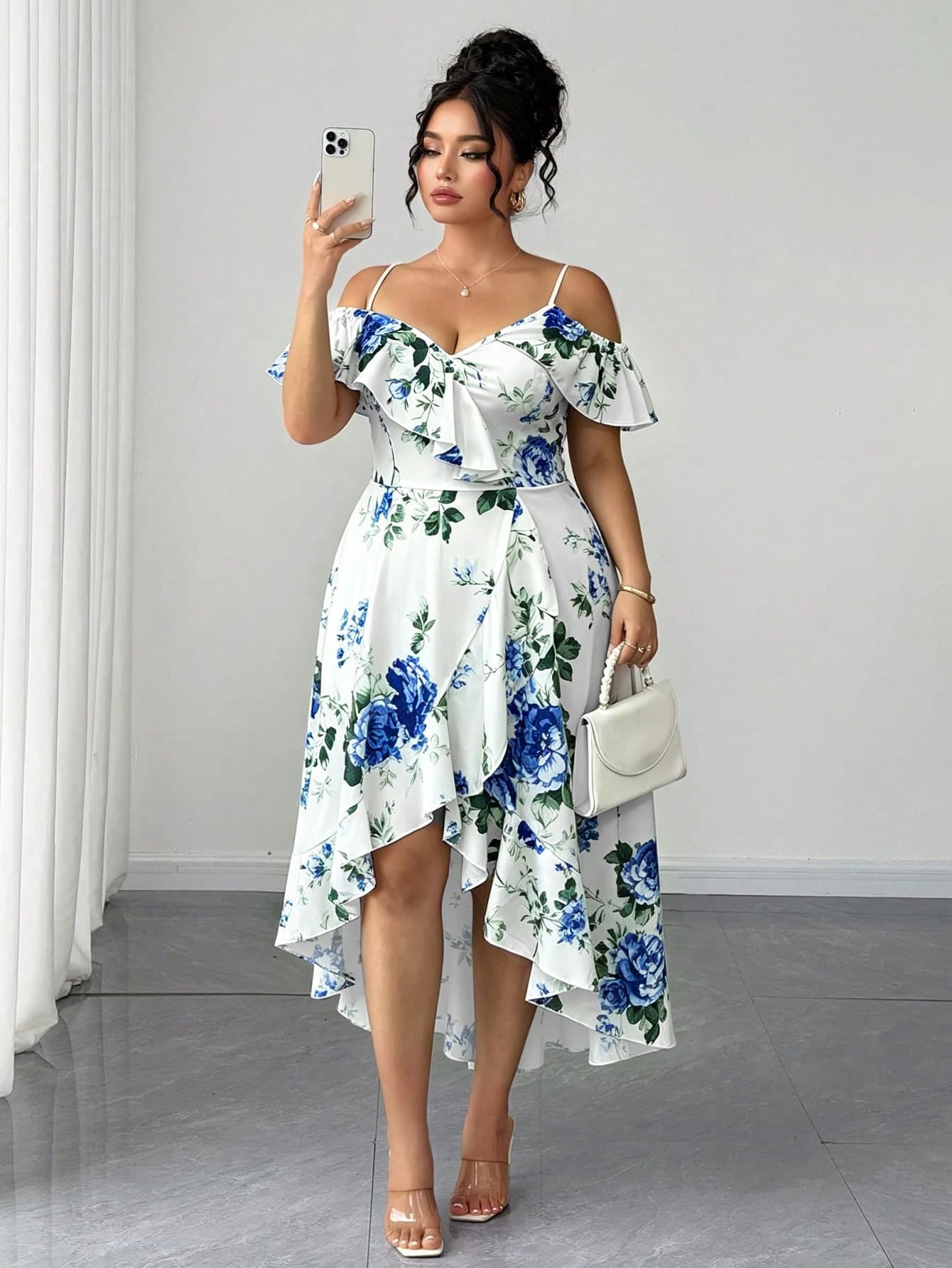 Elenzga Women's Plus Size Spaghetti Strap Back Tie Two-Way Wear Printed Elegant Outdoor Dress