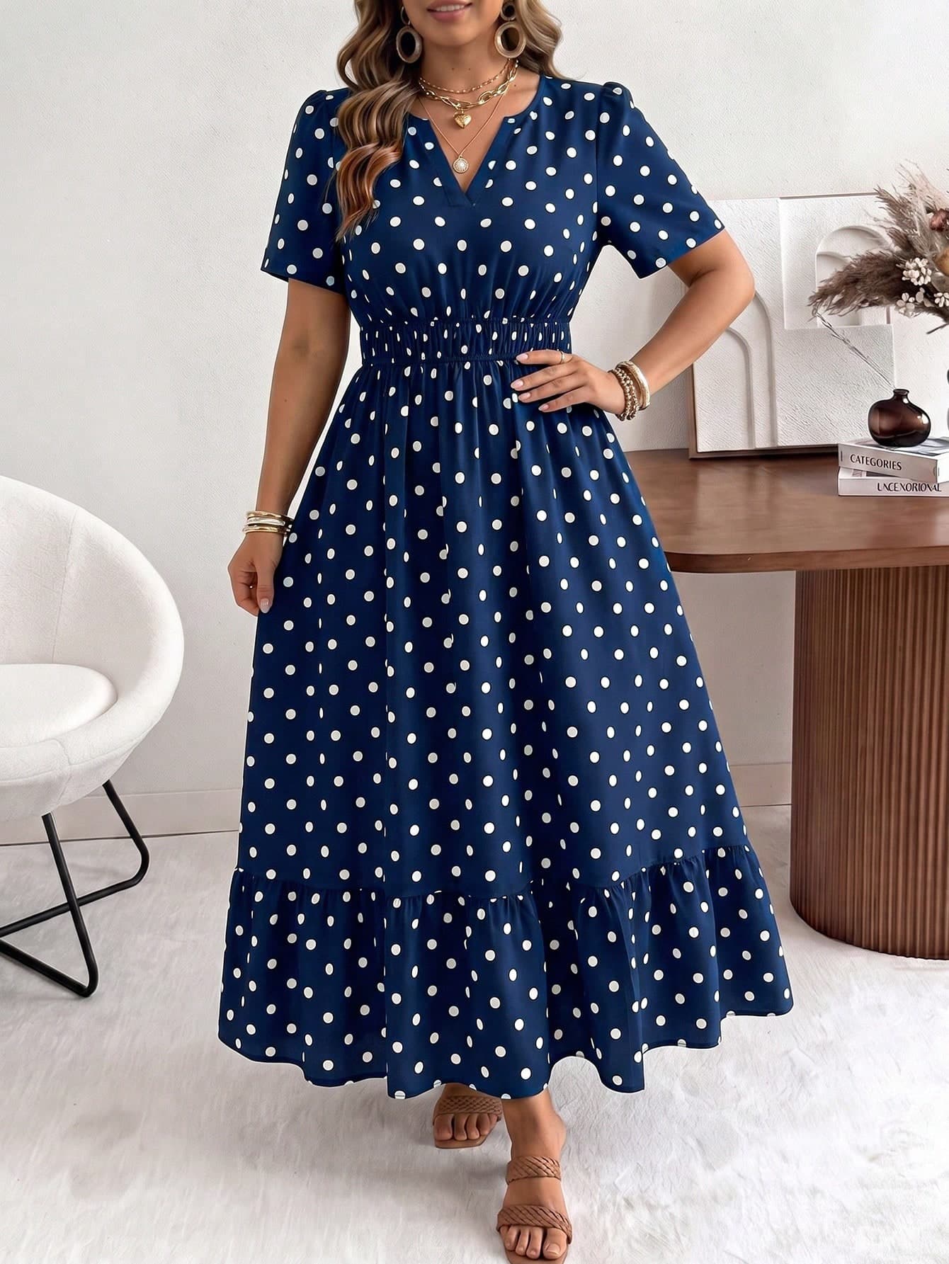 Ceyna Plus Size Women's New Elegant Casual Loose Small V-Neck Short Sleeve Textured Fabric Dress With Large Hemline, Wedding Guest Dress, Bohemian Style Extra Long Spring Dress, Summer Women's Clothing, Vacation Dress/2026 Summer New Mid-Length Dress/Small Floral Summer Dress