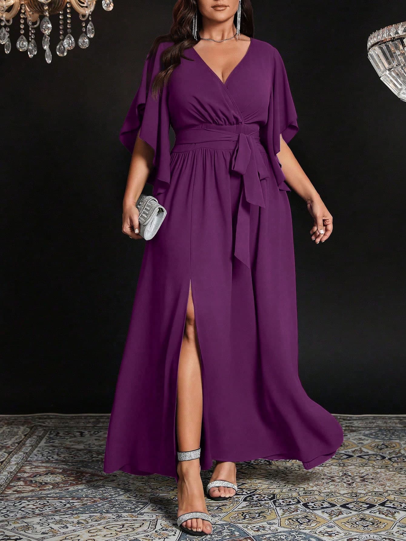 SHEIN Clasi Plus Size Women Solid Color Fitted V-Neck Short Sleeve Tie Waist Ruched Slit Elegant Party Long Dress